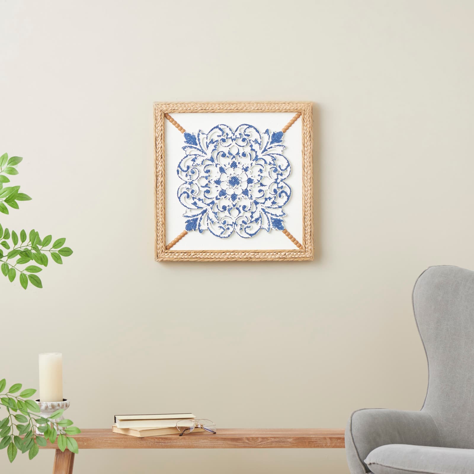 20" x 20" Blue Wood Floral Relief Wall Décor with Brown Woven Seagrass Frame