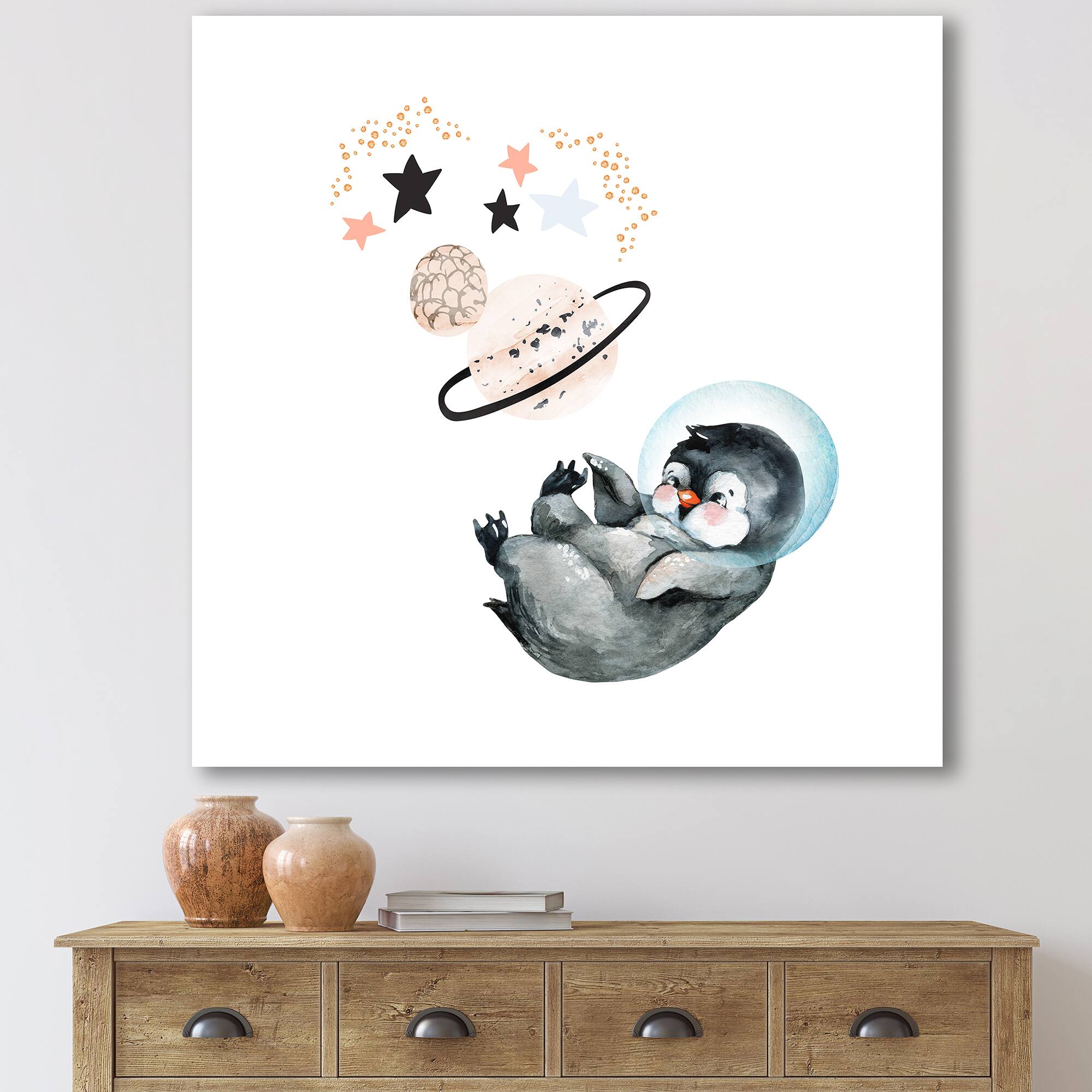 Designart - Little Penguin With Stars and Planets I - Farmhouse Canvas Wall Art Print