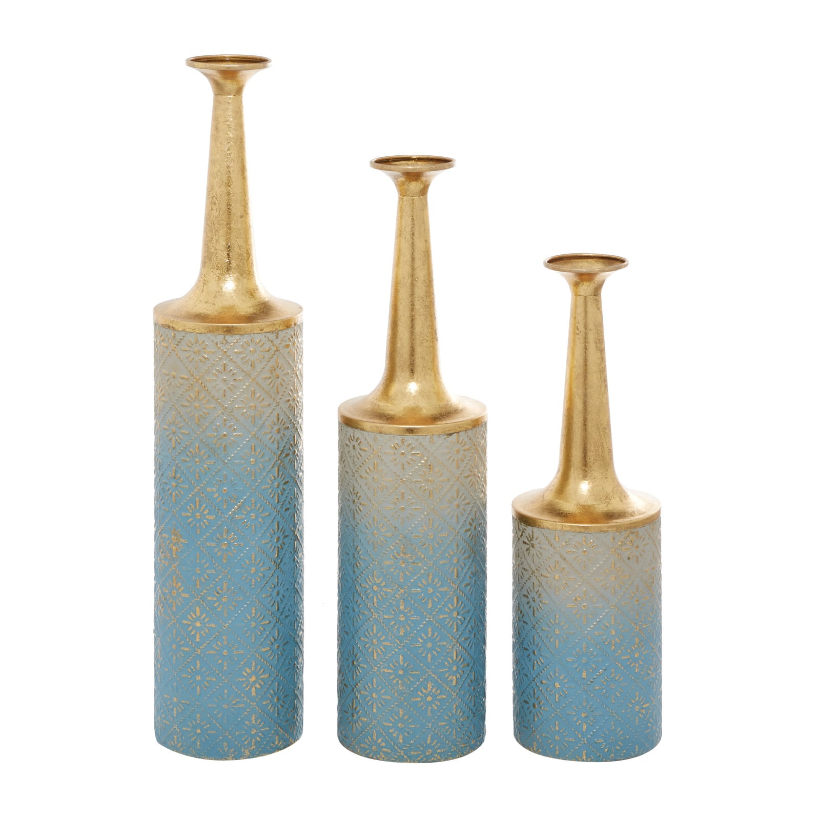Set of 3 Blue Metal Coastal Style Vase, 27", 24", 20"
