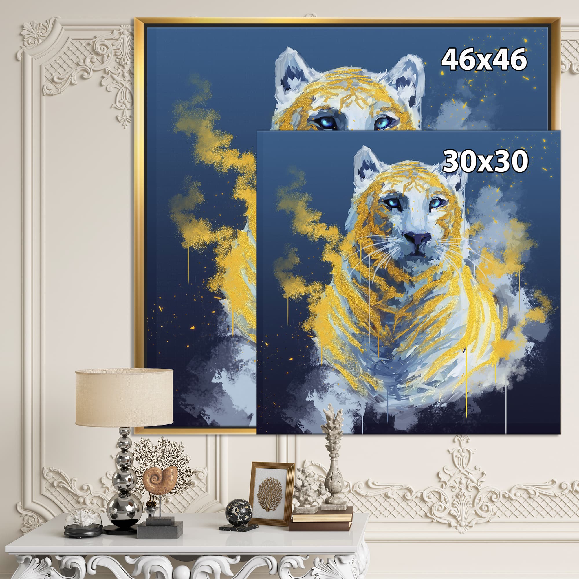 Designart - Tiger Spirit In Blue And Gold - Fashion Canvas Wall Art