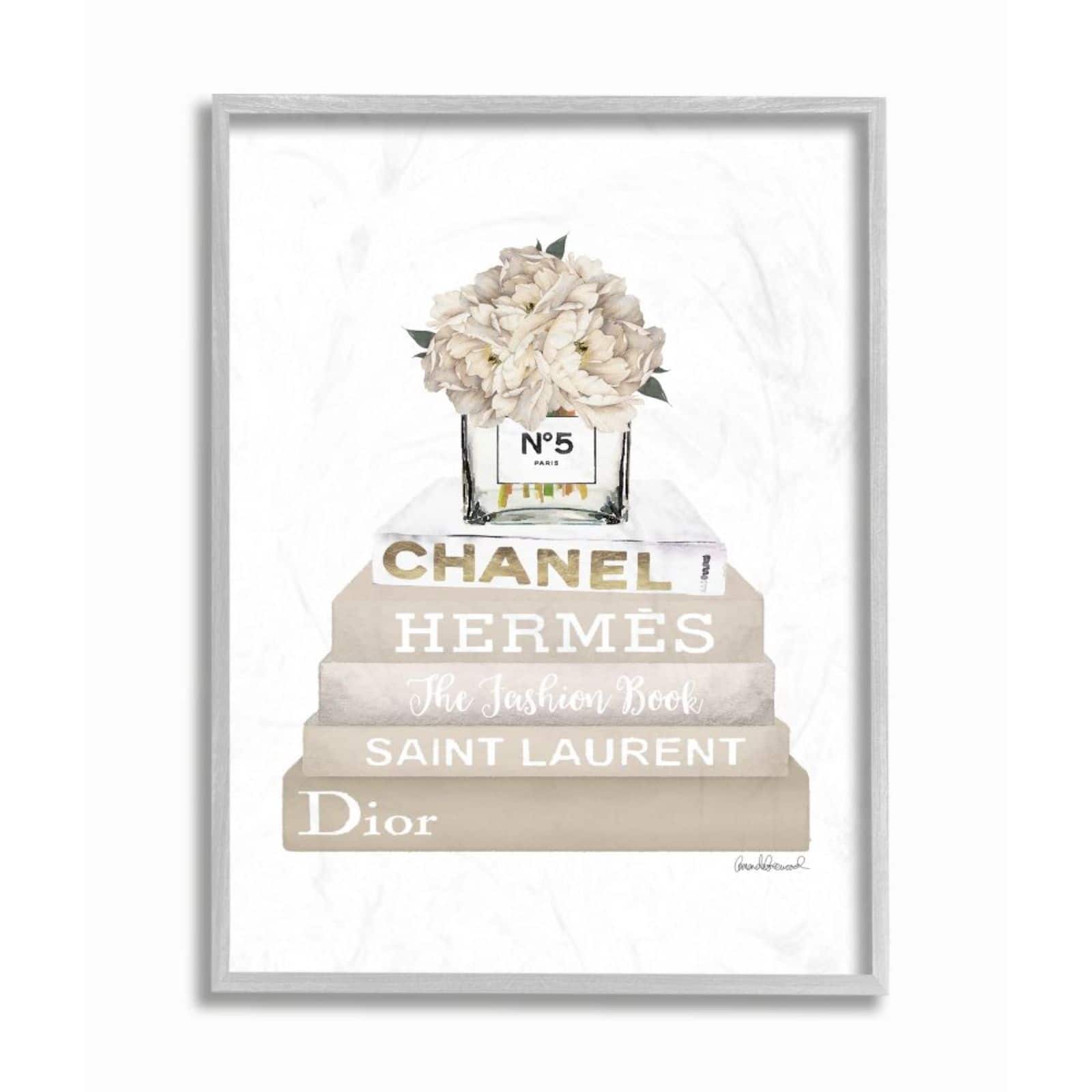 Stupell Industries High Fashion Book Stack with Tan Flowers Wall Art in Gray Frame