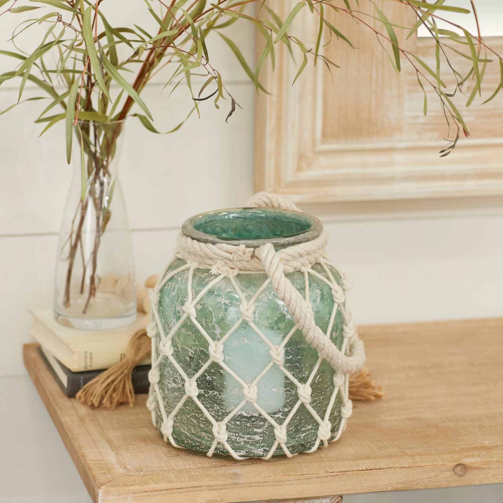 Aquamarine Glass Coastal Candle Holder Lantern, 15" x 7" x 7"