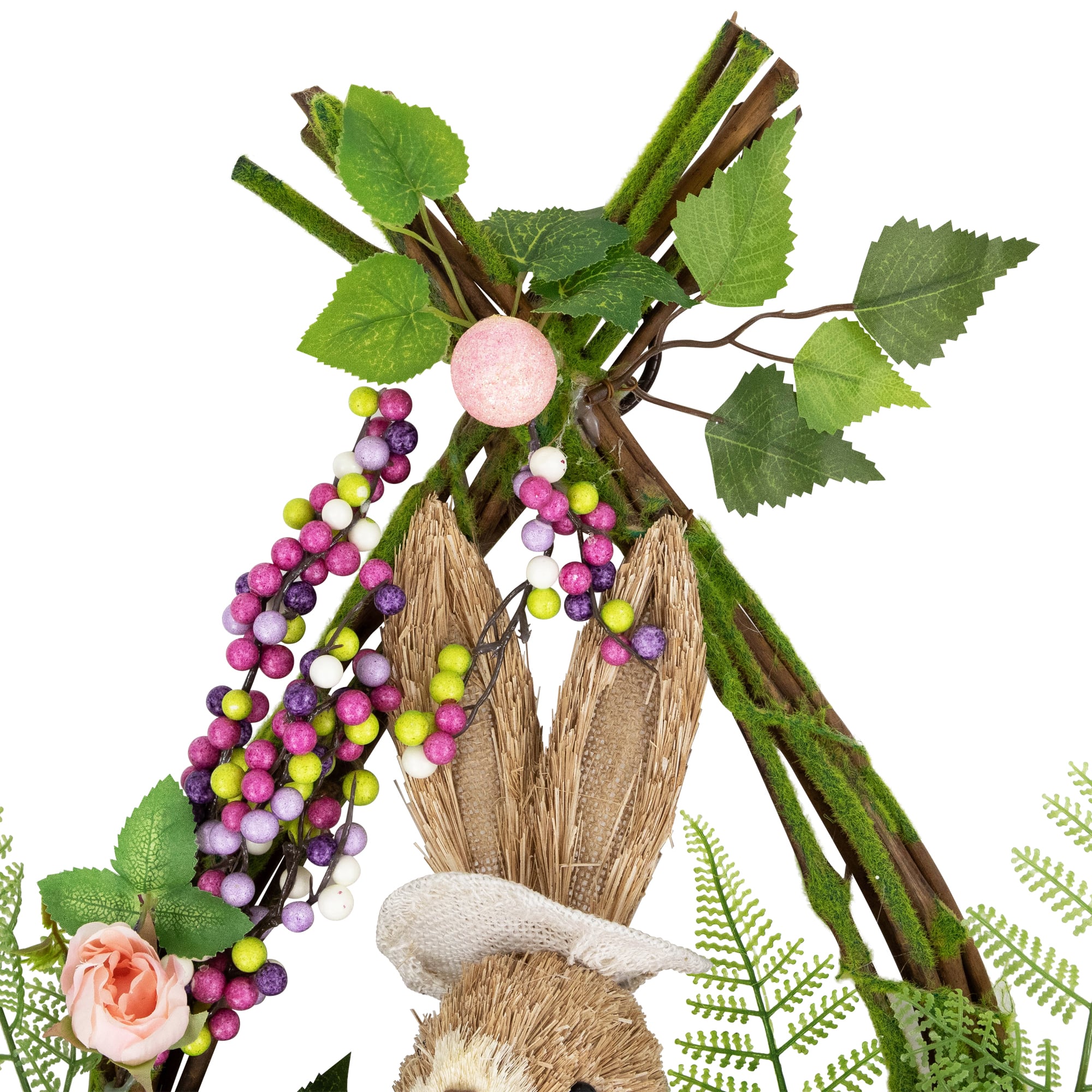 20" Pink Flower Bunny Moss Vines Teardrop Easter Wreath