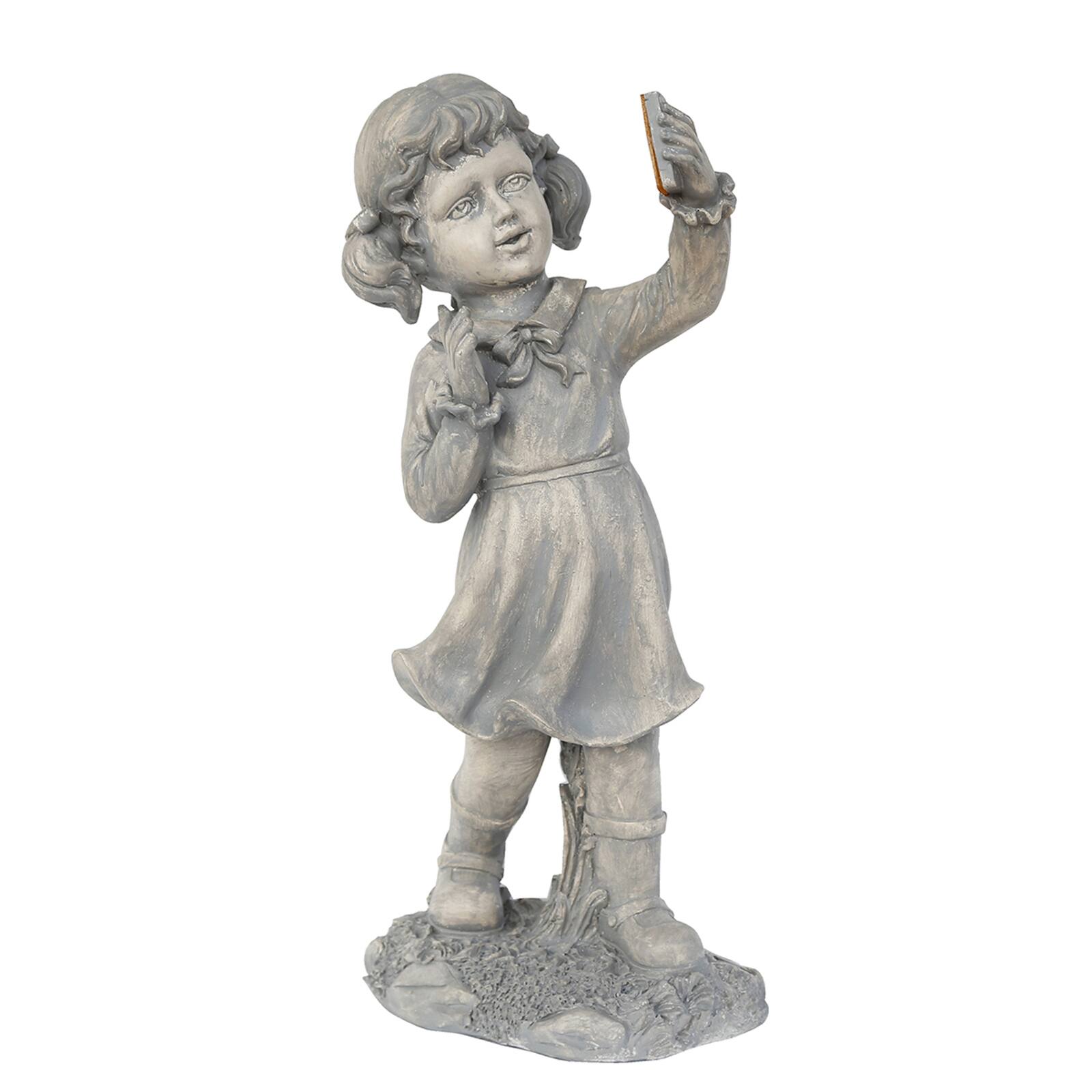 18" Distressed Gray Girl with Cell Phone Solar Powered LED Outdoor Garden Statue