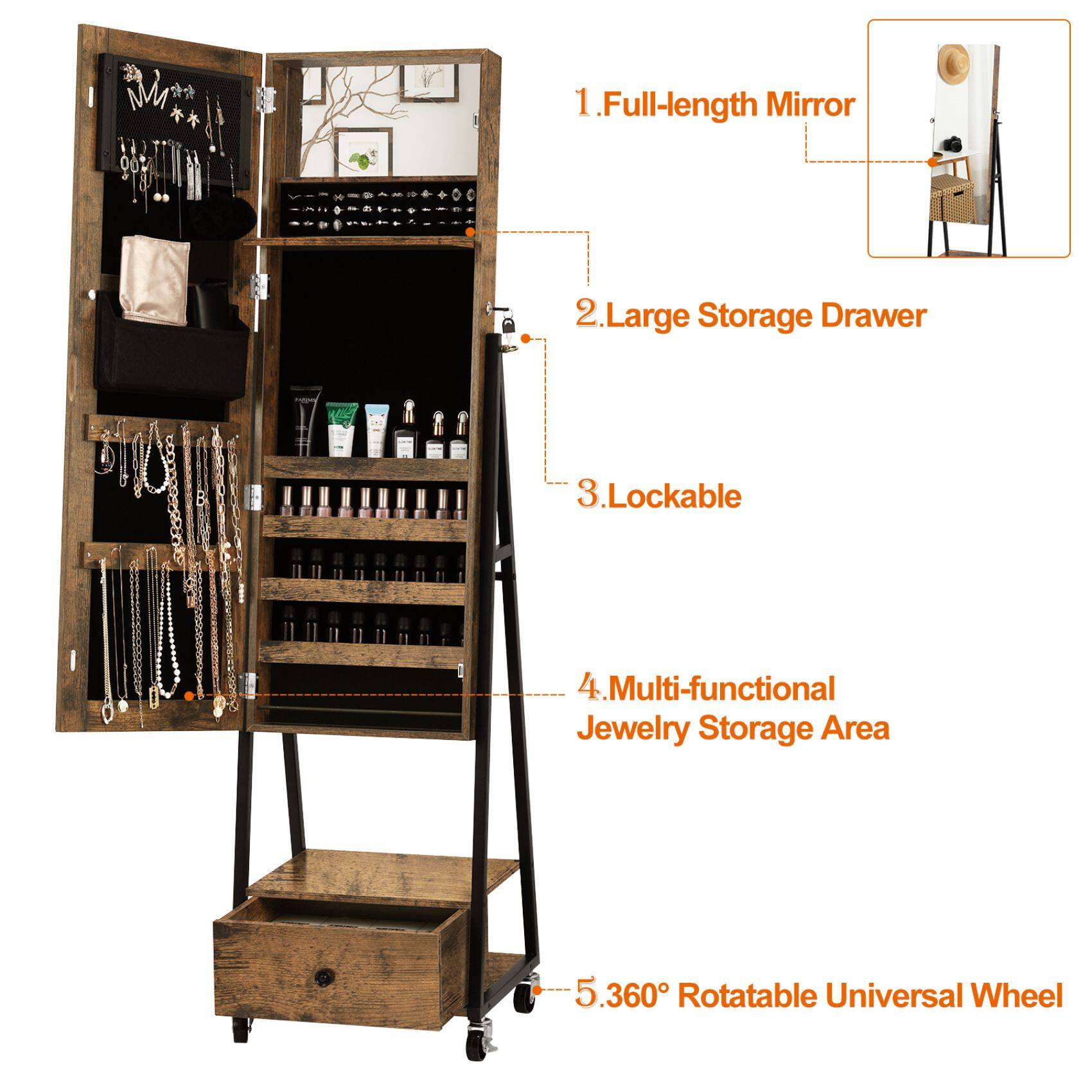 NEX™ 5ft. Burnt Wood Brown Jewelry Armoire on Casters with Chest Drawer