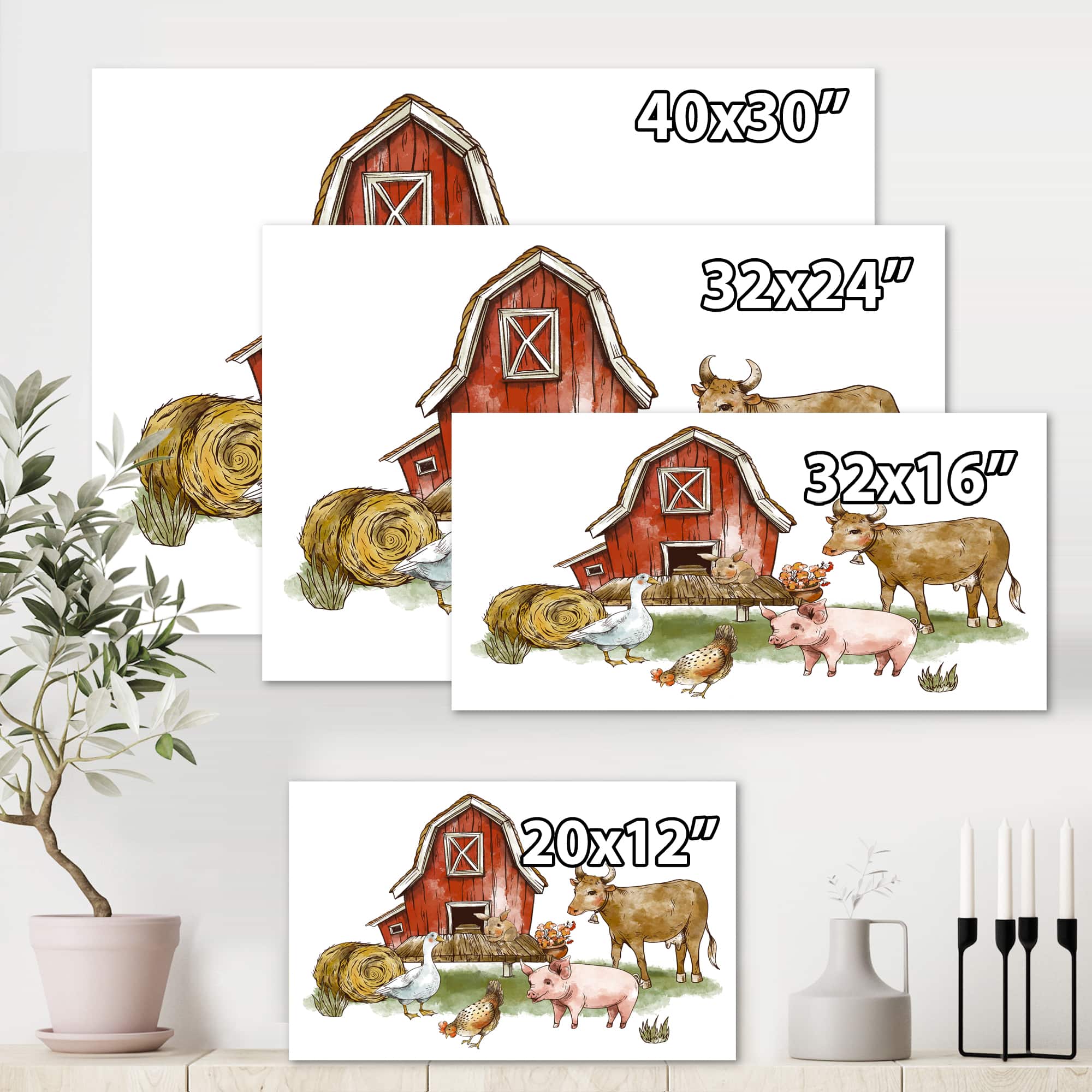 Designart - Farm House With Goose Chicken Cow Pig and Haystack - Rustic Canvas Wall Art Print