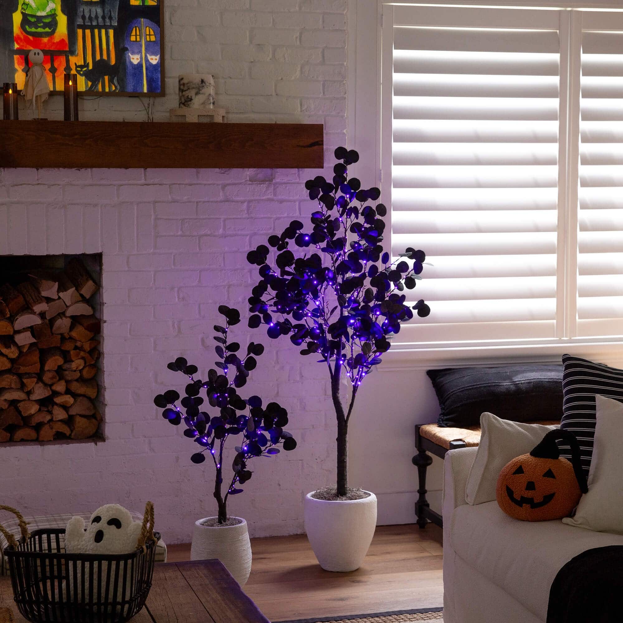 5ft. Pre-Lit Artificial Halloween Black Eucalyptus Tree with 220 Orange & Purple LED Lights