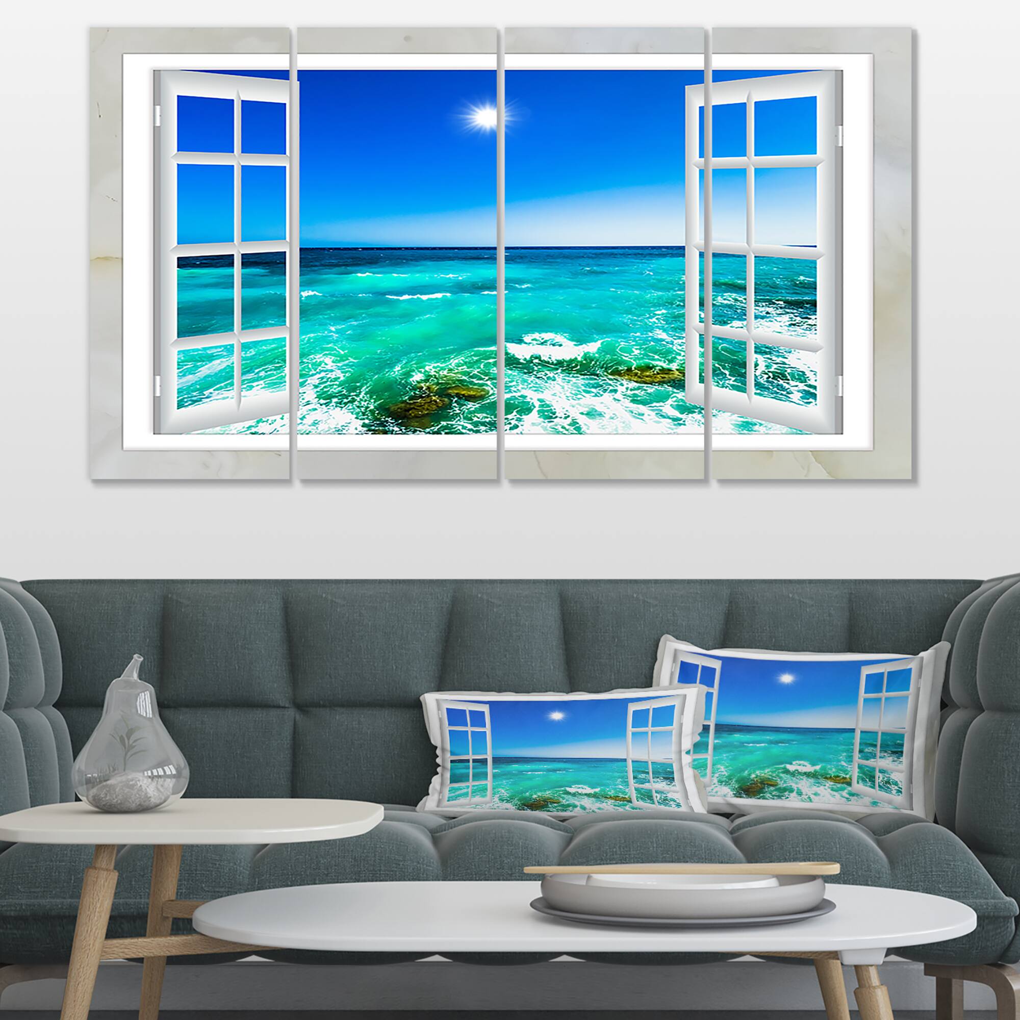 Designart - Open Window to Wavy Ocean - Extra Large Seashore Canvas Art