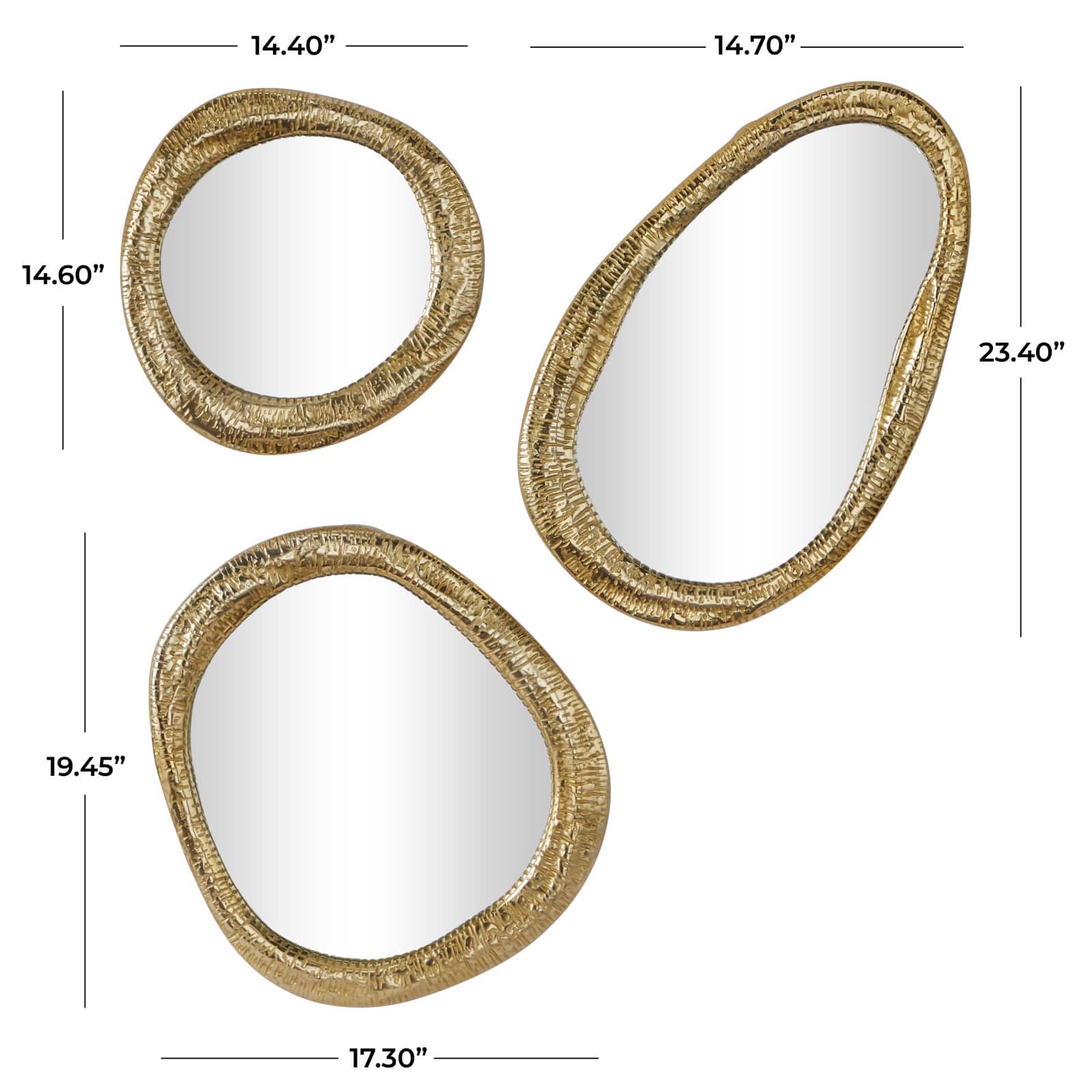 Gold Aluminum Contemporary Abstract Wall Mirror, Set of 3 23", 19", 15"