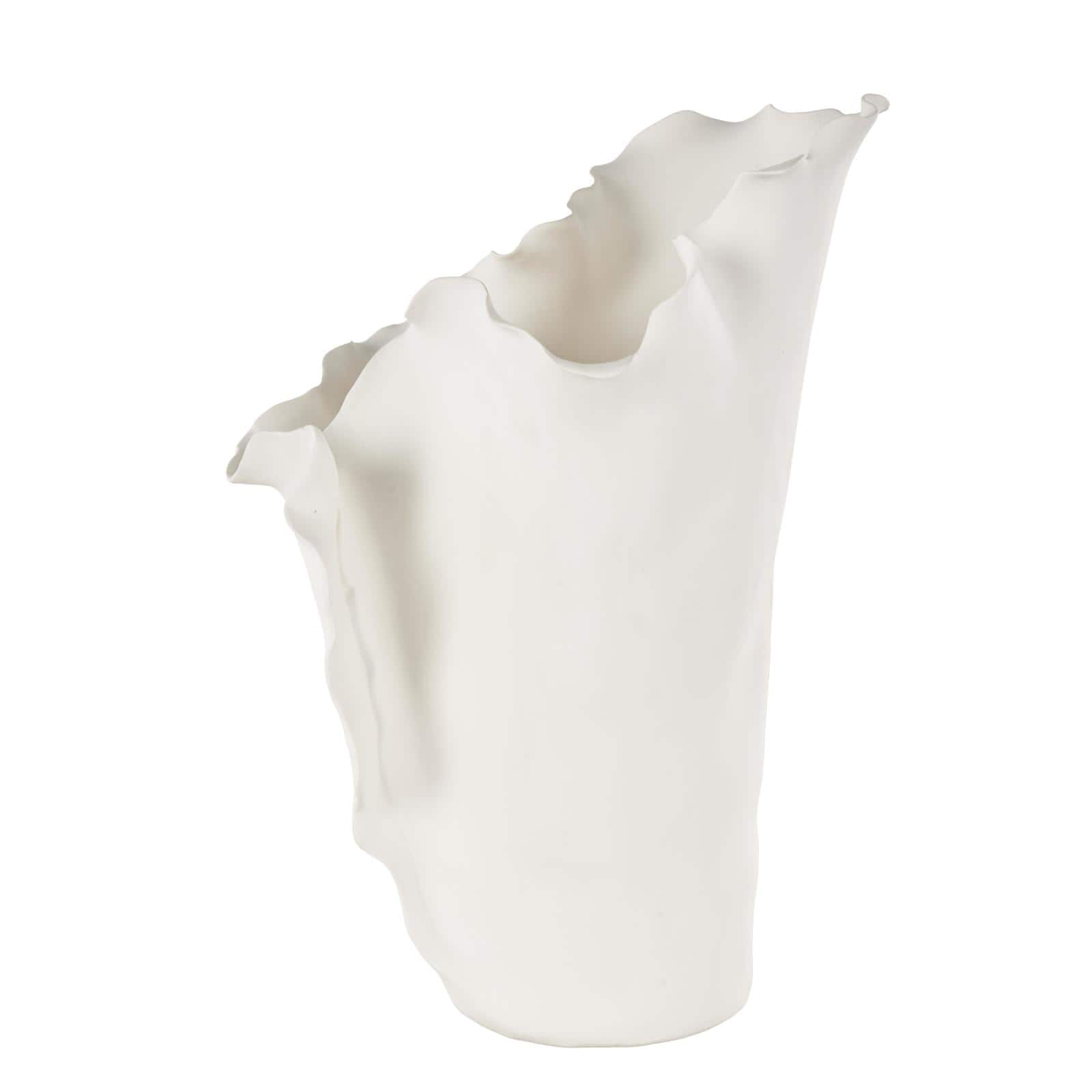 15.75" White Ceramic Abstract Floral Vase with Wavy Folded Rim