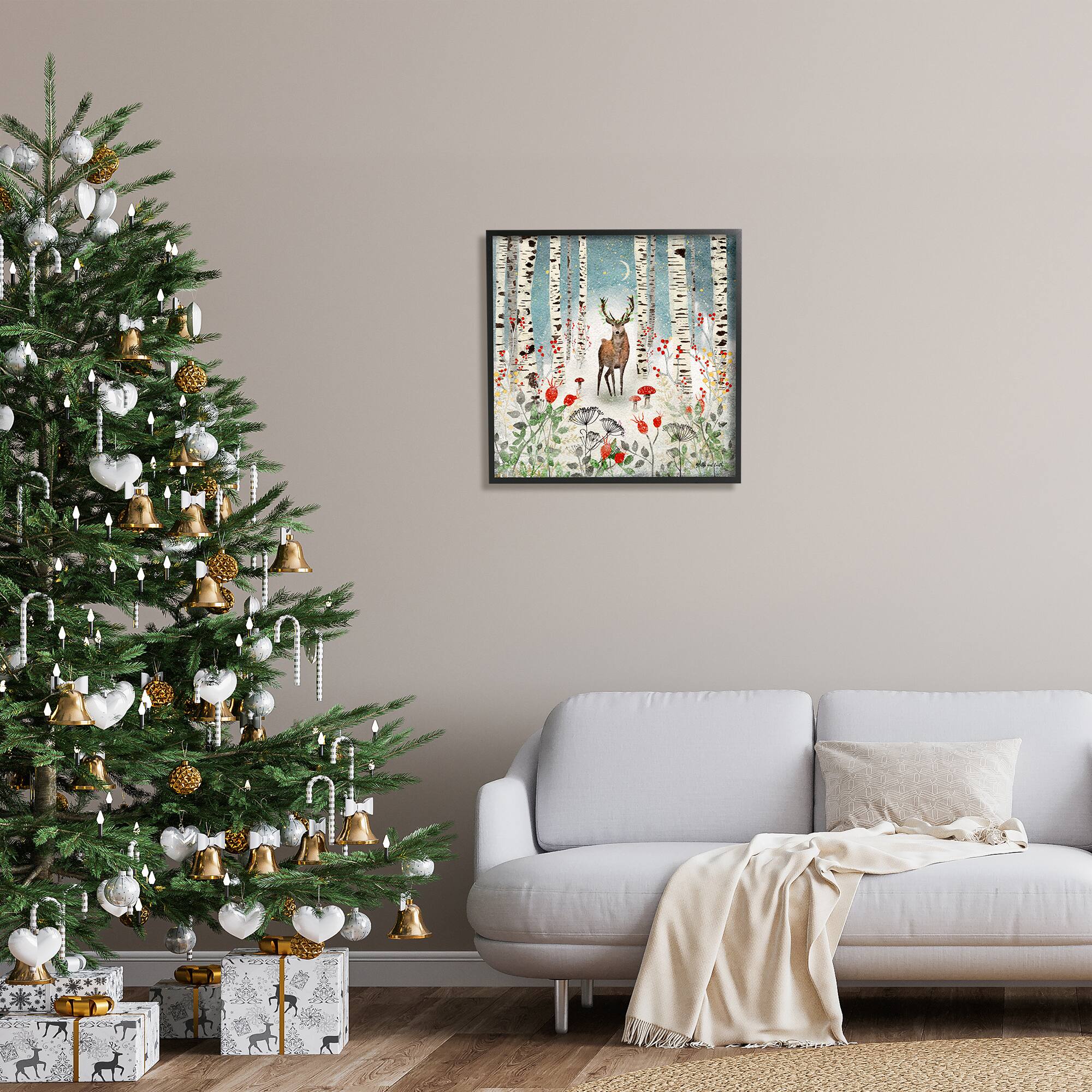 Stupell Industries Deer In Nighttime Birch Forest Black Framed Giclee Art