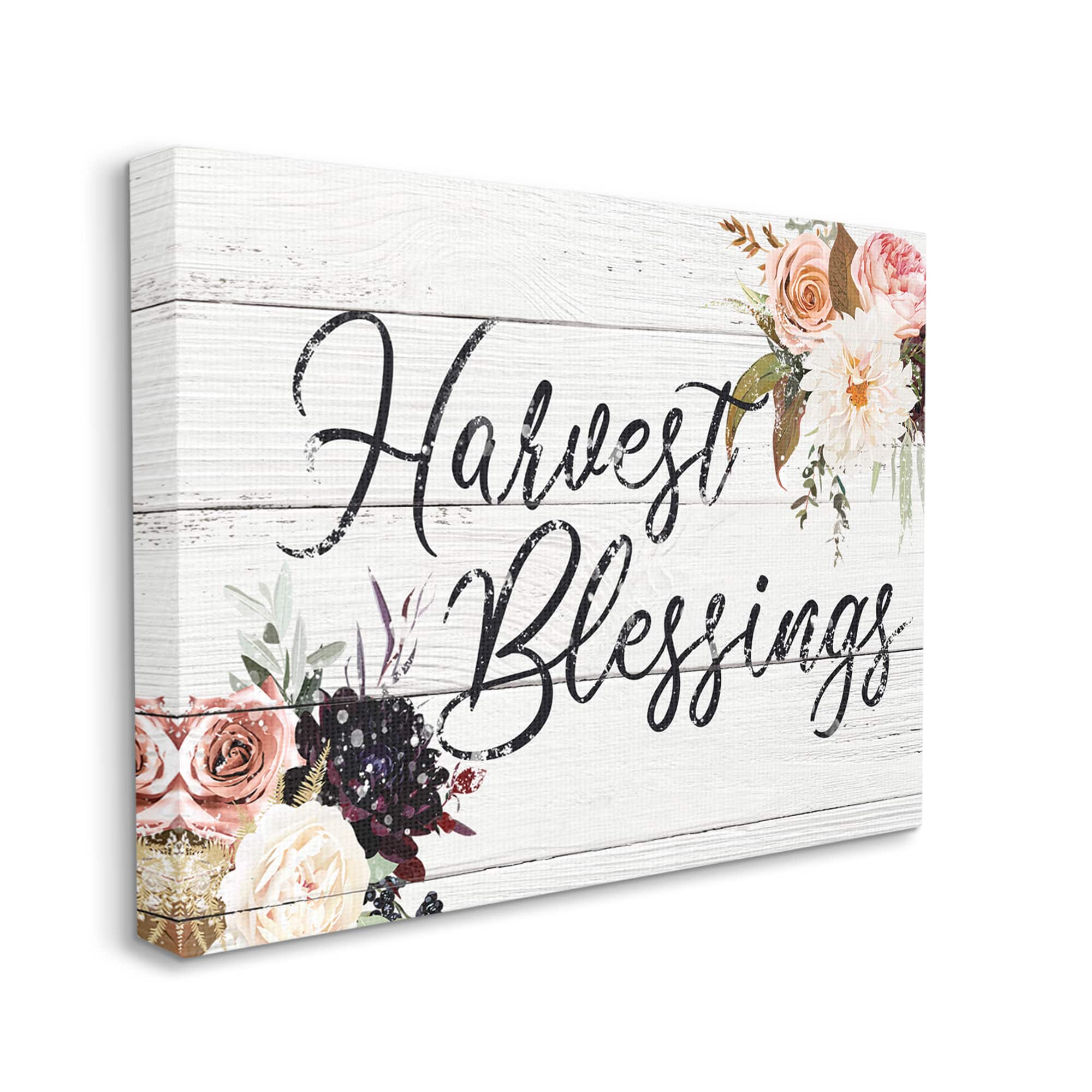 Stupell Industries Harvest Blessings Phrase Pink Peony Floral Arrangements Canvas Wall Art
