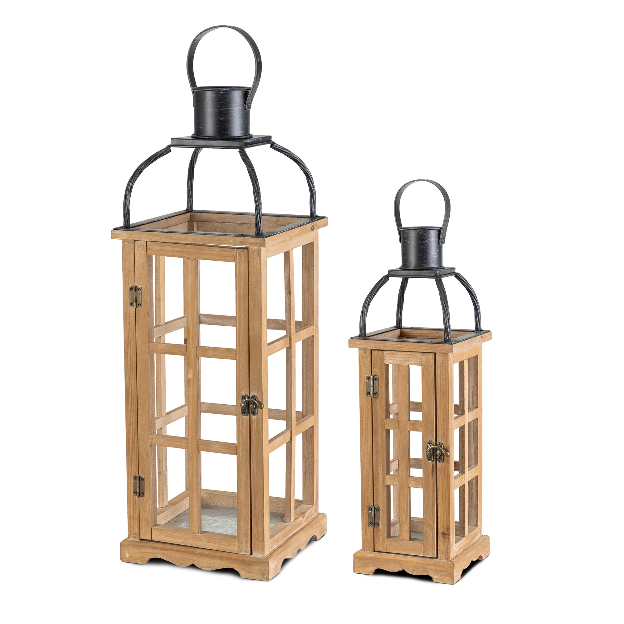 Glitzhome® Farmhouse Natural Wood & Black Metal Lantern Set