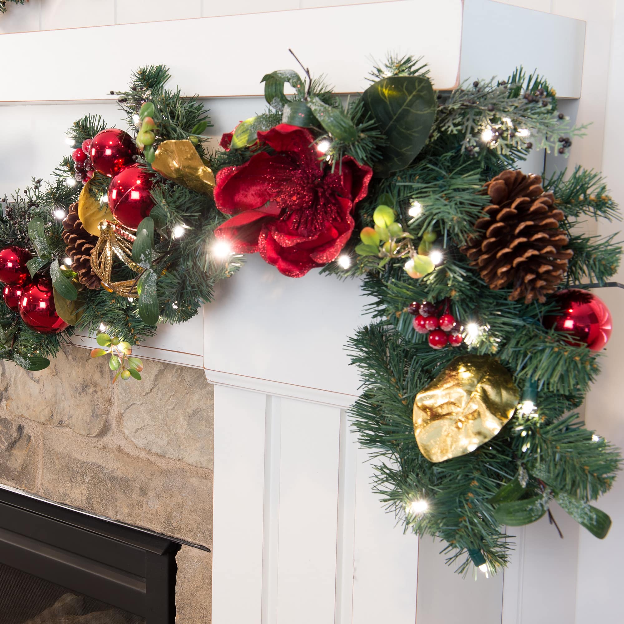 Village Lighting 9ft. Pre-Lit LED Red Magnolia Christmas Garland