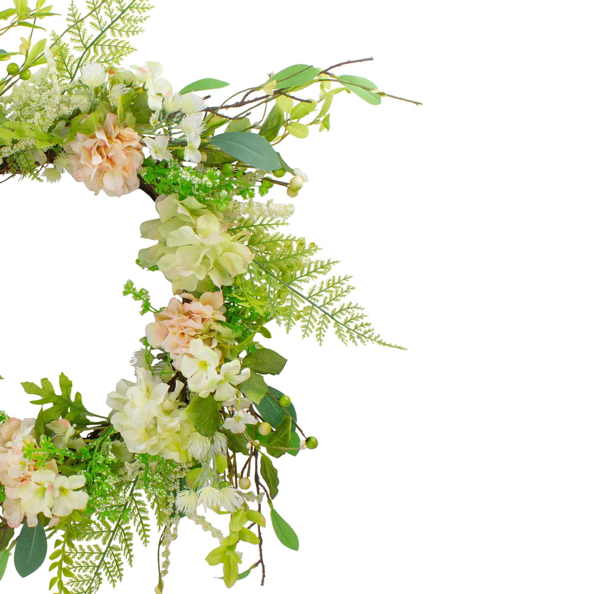 28" Green & Pink Hydrangea & Fern Spring Floral Berry Wreath
