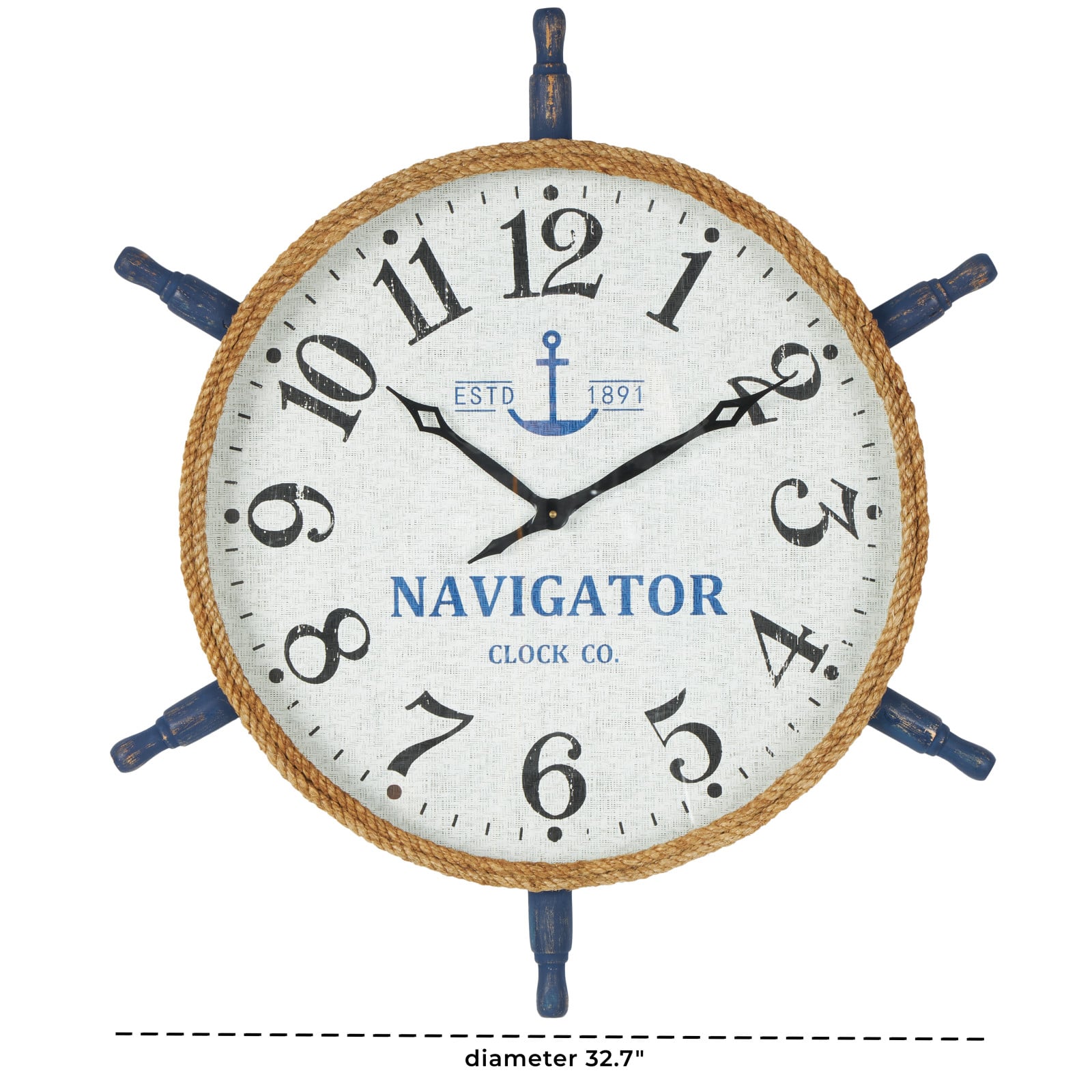 33" White & Blue Wood & Rope Ship Wheel Decorative Wall Clock