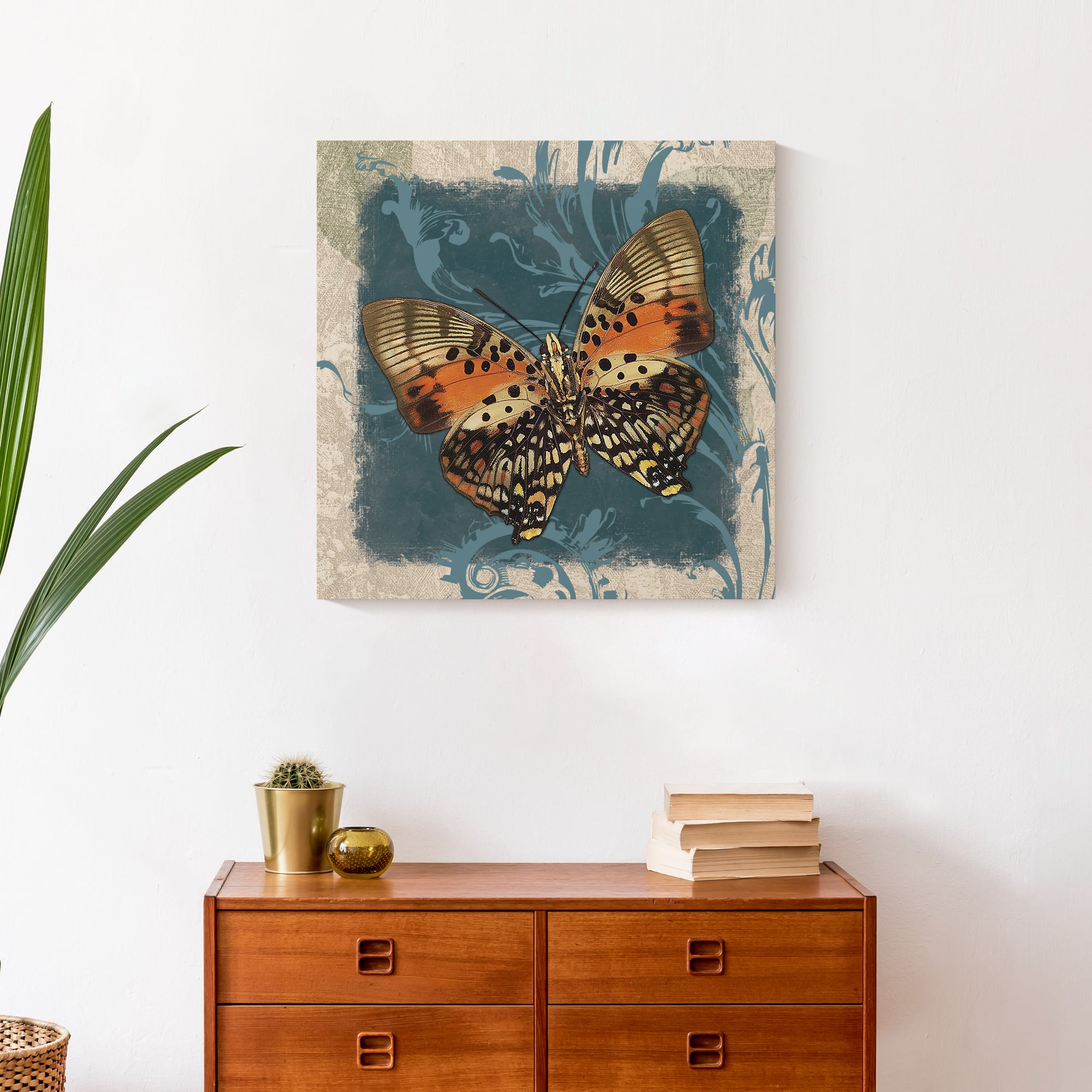 Blue Swirls And Orange Butterfly 20" x 20" Canvas Wall Art