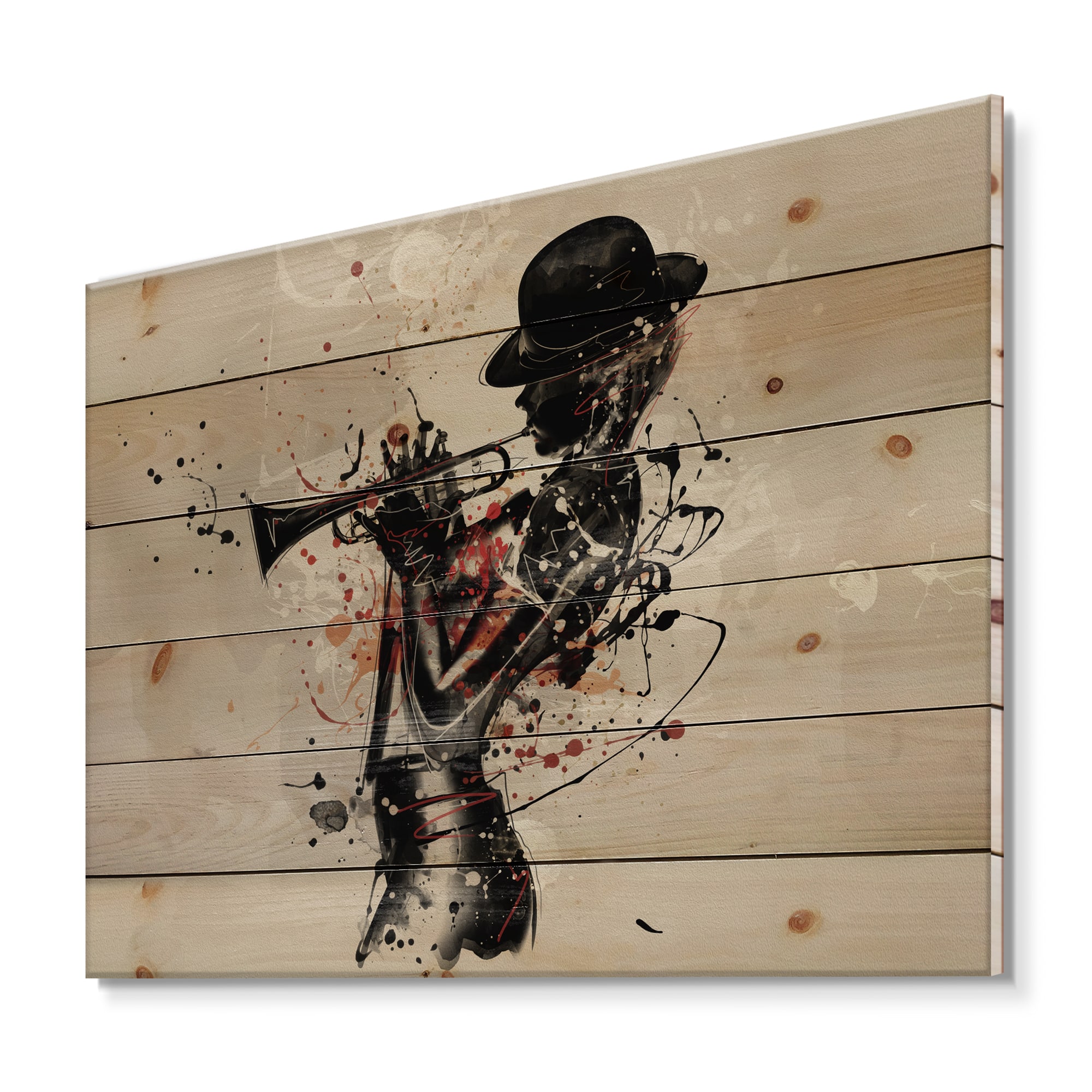 Designart - Woman Playing Jazz Trumpet - Modern Print on Natural Pine Wood