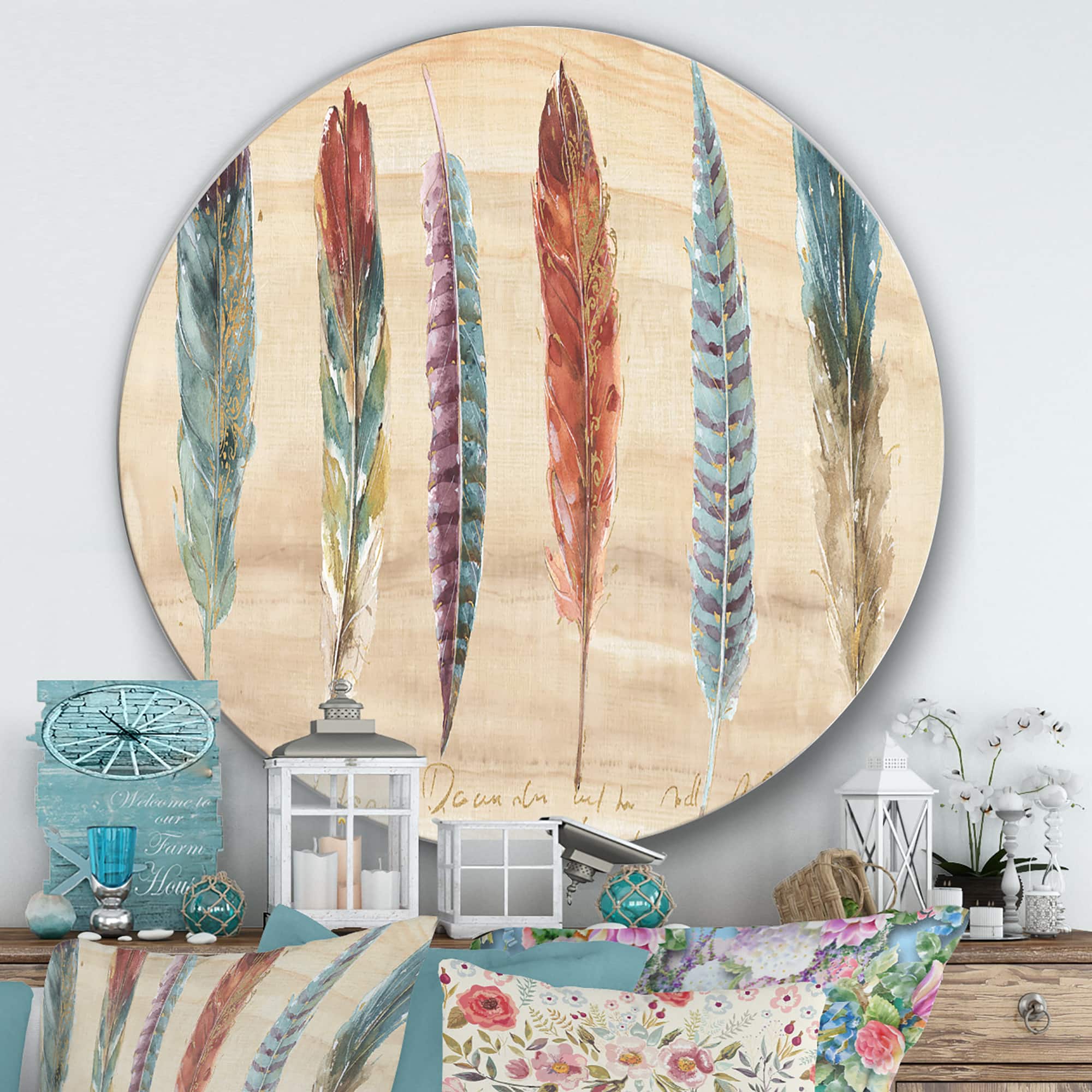 Designart - Feathers Cottage Family - Farmhouse Metal Circle Wall Art