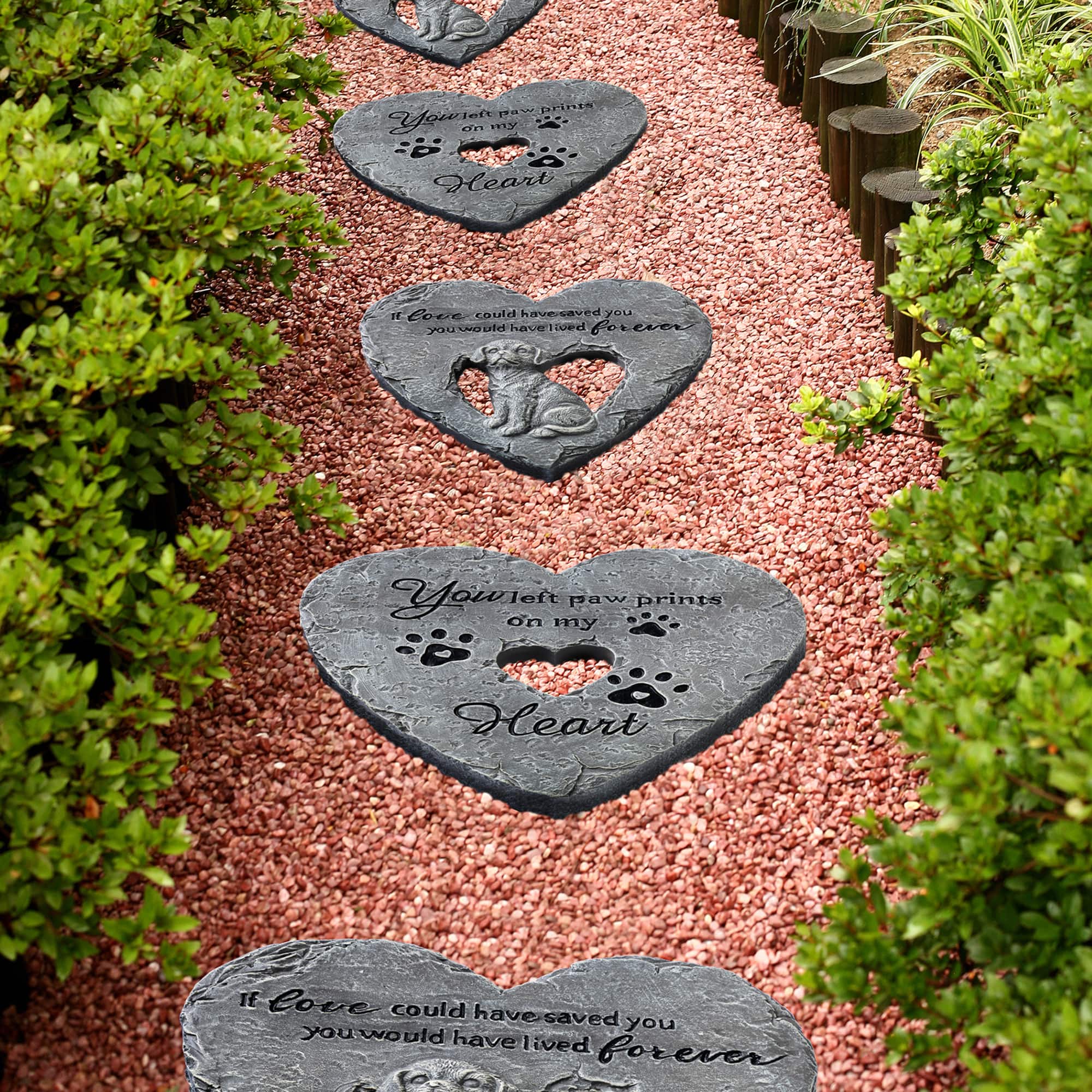 Glitzhome® 10" Set of 2 Cement Heart-Shaped Paw Prints and Dog Memory Stepping Stones