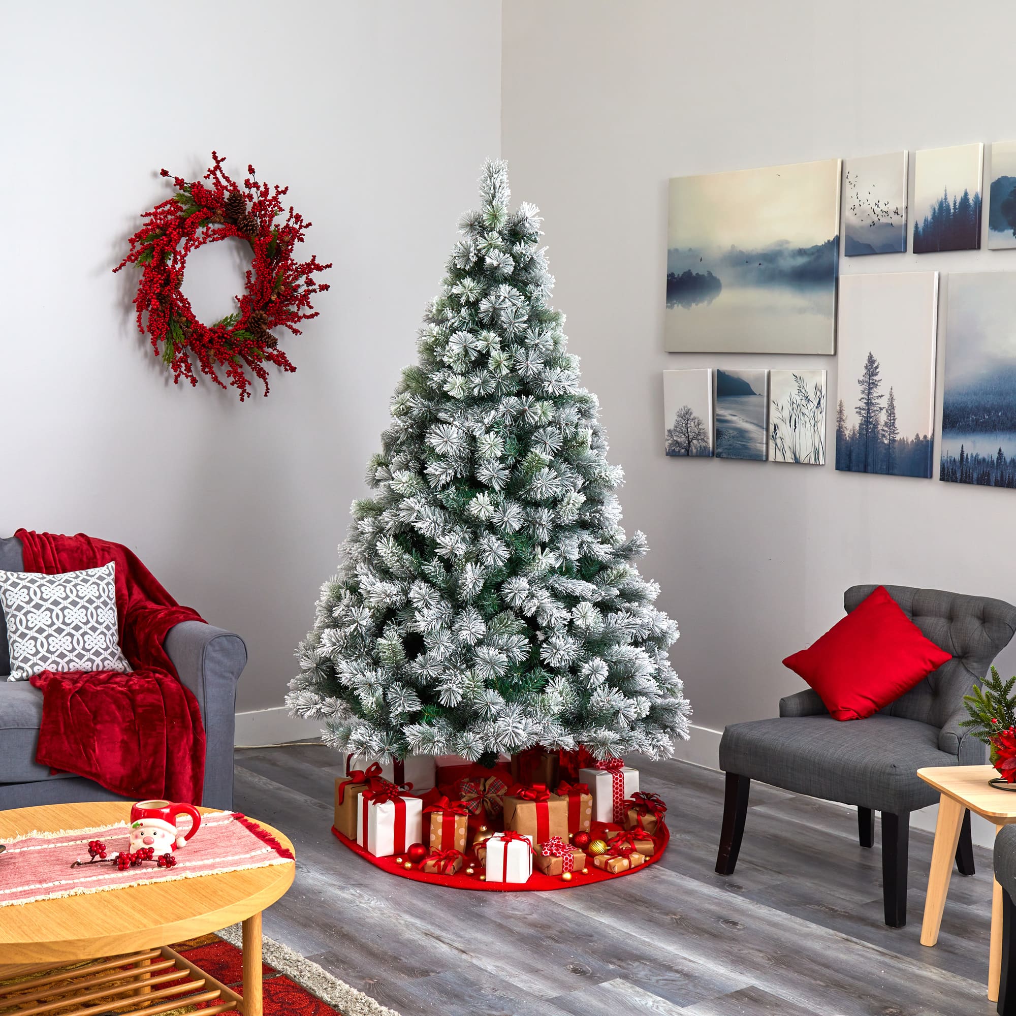 7ft. Pre-Lit Flocked Oregon Pine Artificial Christmas Tree, Clear LED Lights