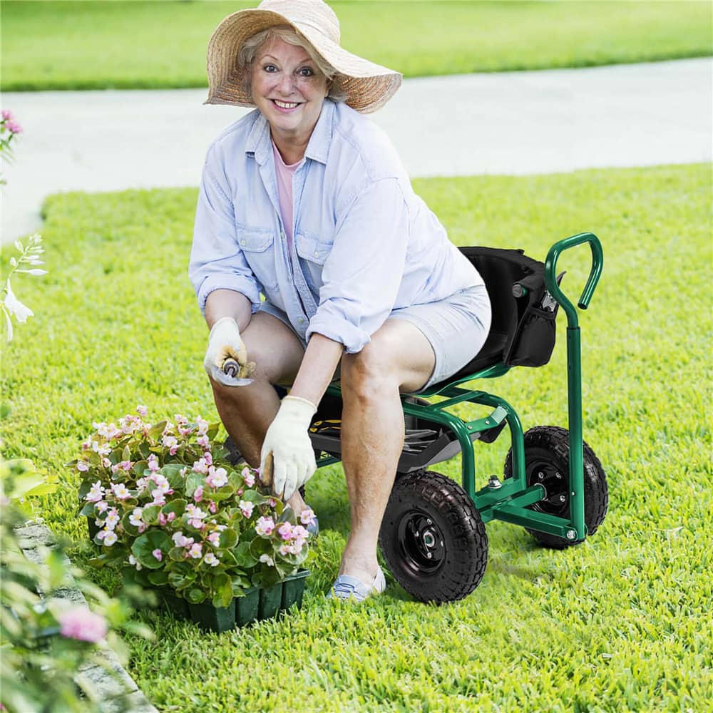 Costway Height-Adjustable Rolling Garden Cart Scooter with Swivel Seat, Tool Tray & Storage Basket