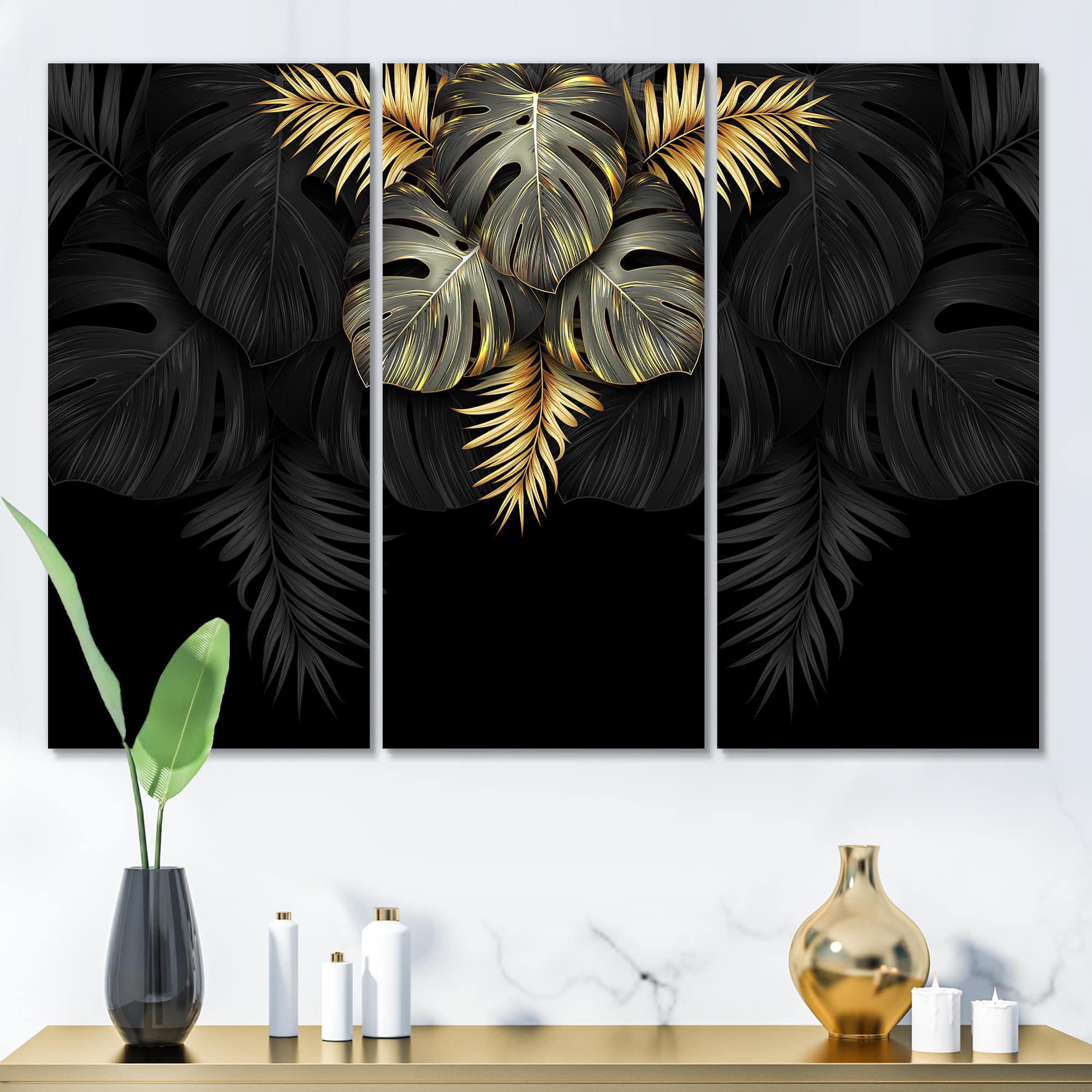 Designart - Black and Gold Tropical Leaves IV - Modern Canvas Wall Art Print