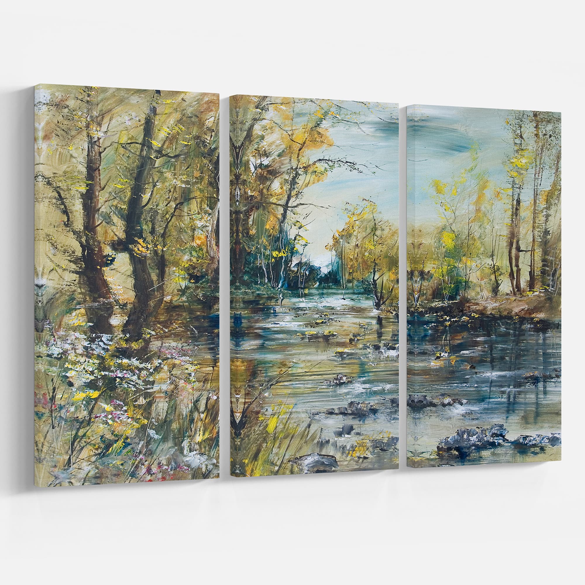 Designart - Rocky River in the Forest - Landscapes Painting Print on Wrapped Canvas set