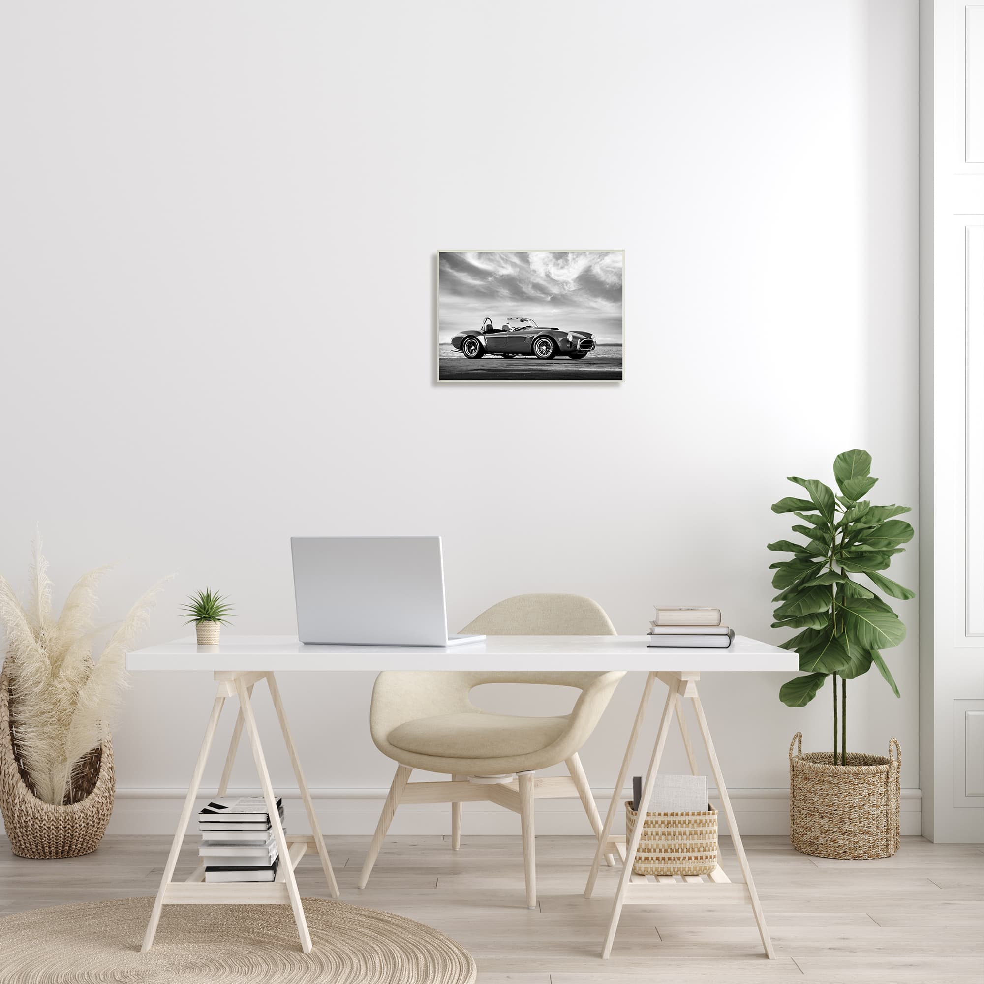 Stupell Industries Vintage Sports Convertible Car Beach Photography Black White Wall Plaque
