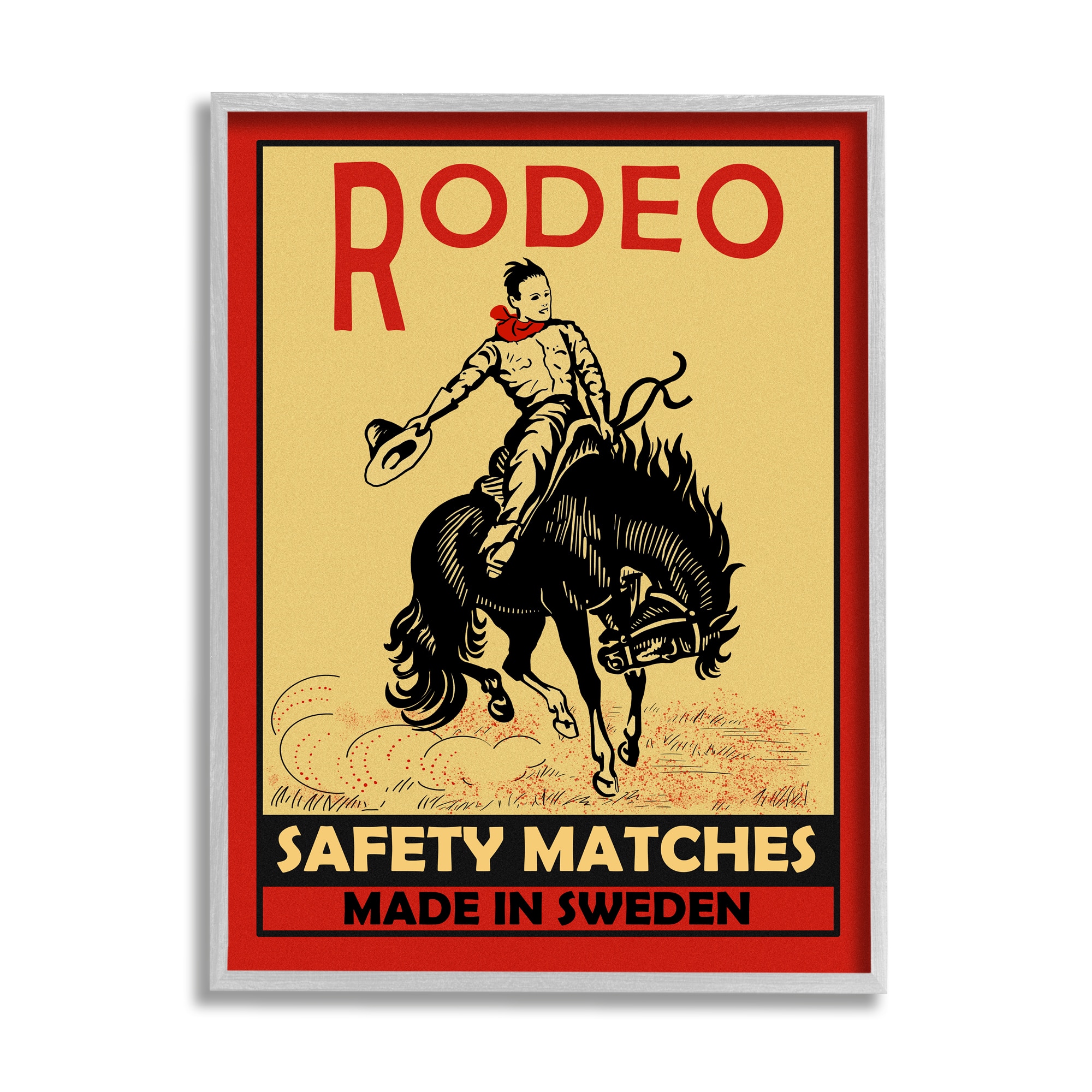 Stupell Industries Rodeo Safety Matches Cowboy Bucking Bronco Red Yellow in Gray Frame Wall Art