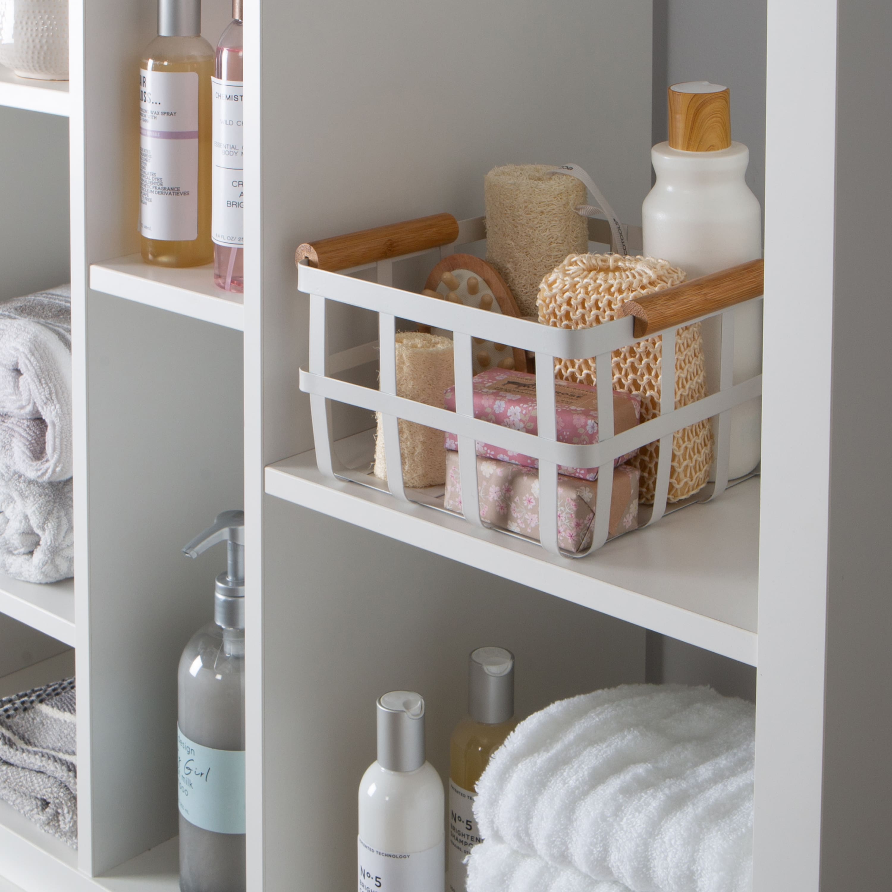 Simplify Small Square White Metal Basket with Bamboo Handles