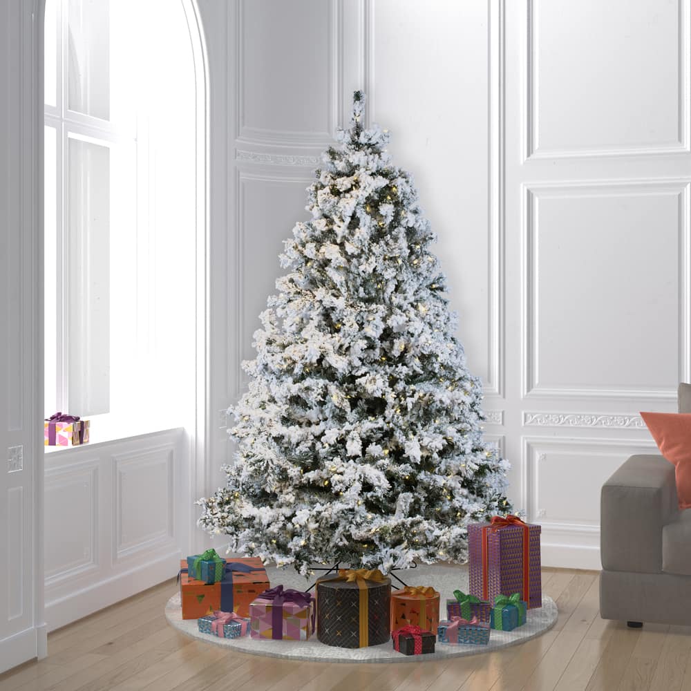 6.5ft. Pre-Lit Flocked Alaskan Pine Artificial Christmas Tree, Pure White Dura-Lit® LED Lights