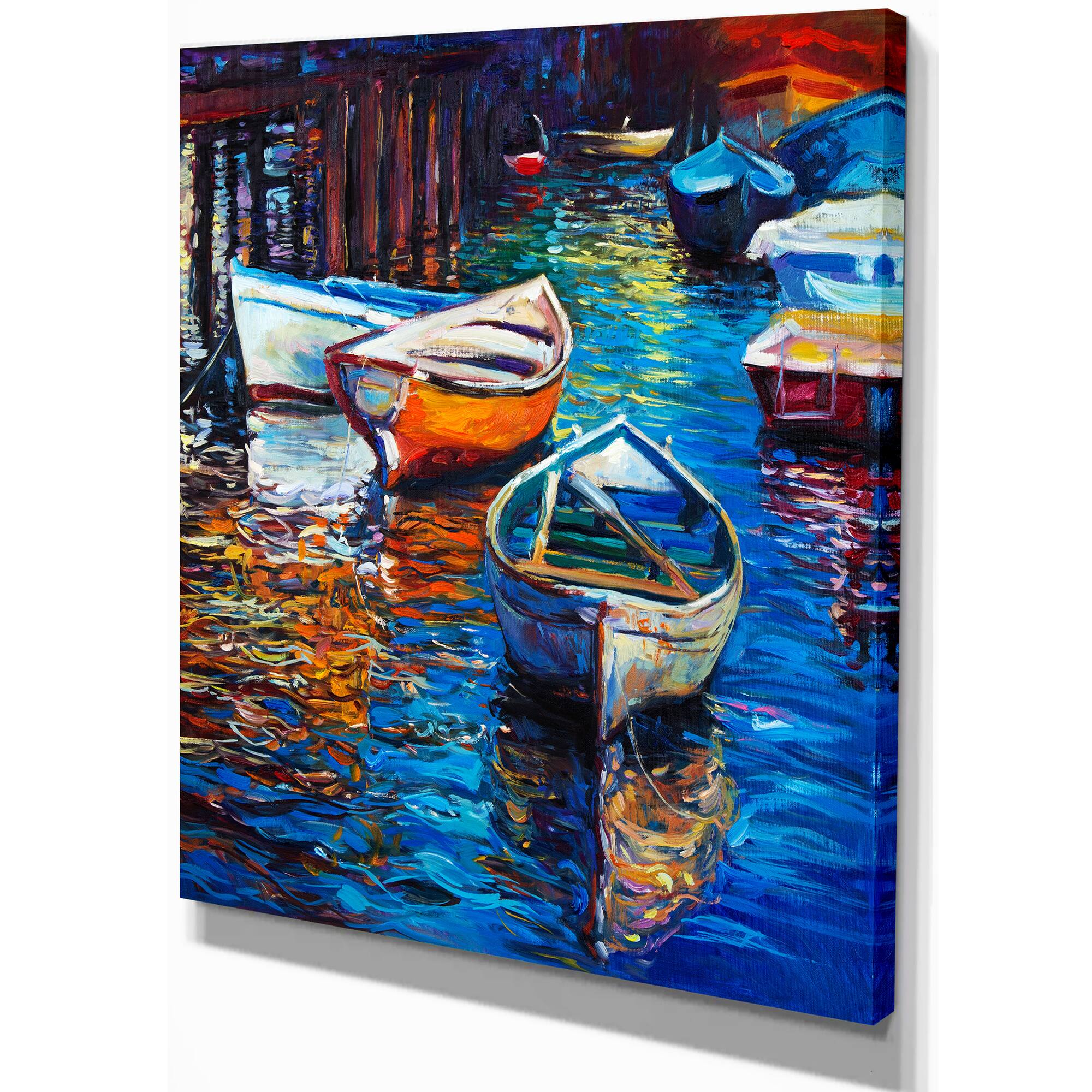 Designart - Boat over the lake - Sea & Shore Painting Print on Wrapped Canvas