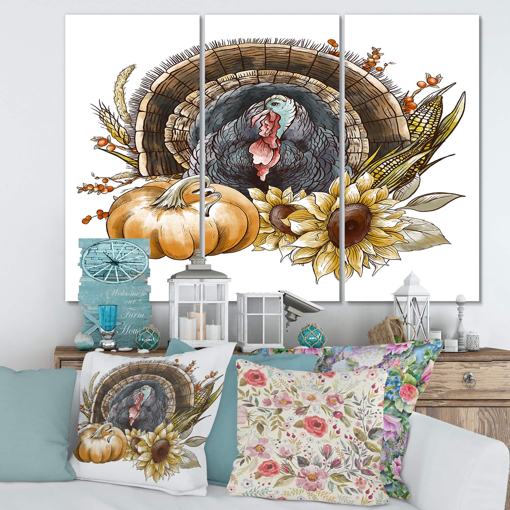 Designart - Thanksgiving Vintage Turkey Sunflowers and Pumpkin - Farmhouse Canvas Wall Art Print