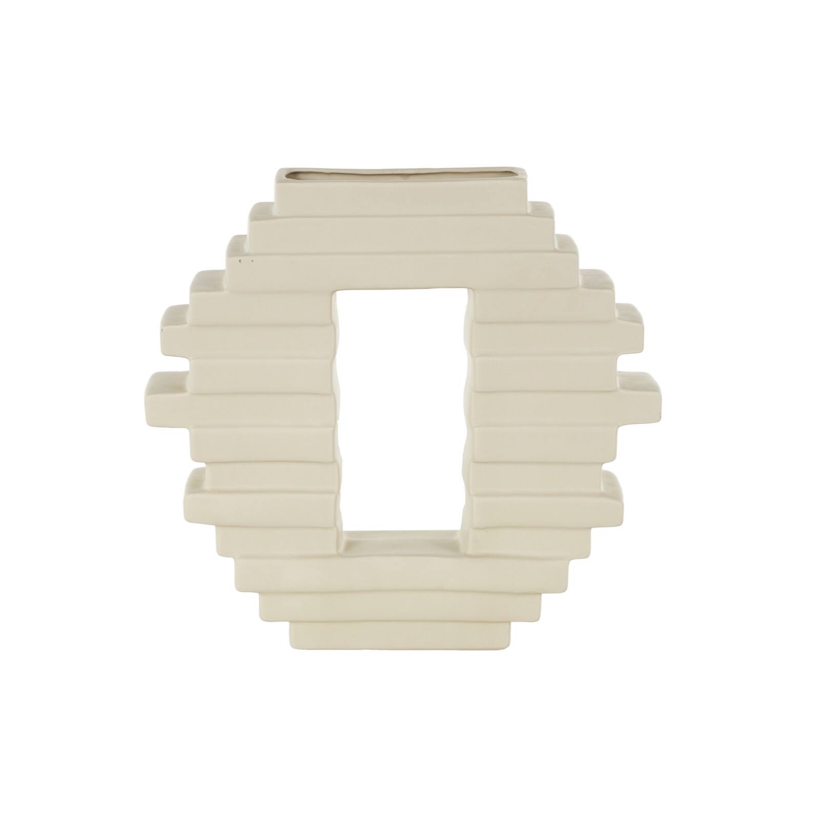 13" Cream Ceramic Abstract Decorative Vase with Rectangular Center Cutout
