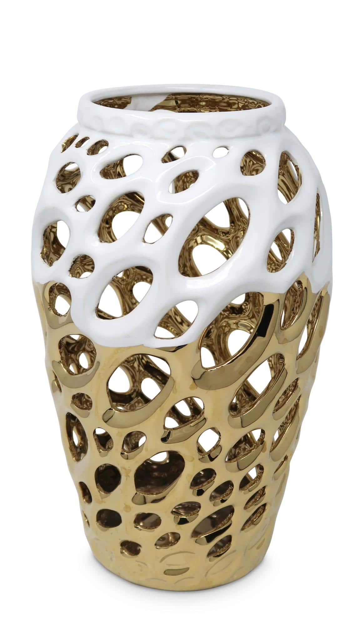 HomeRoots 12.5" Gold & White Pierced Urn Porcelain Table Vase