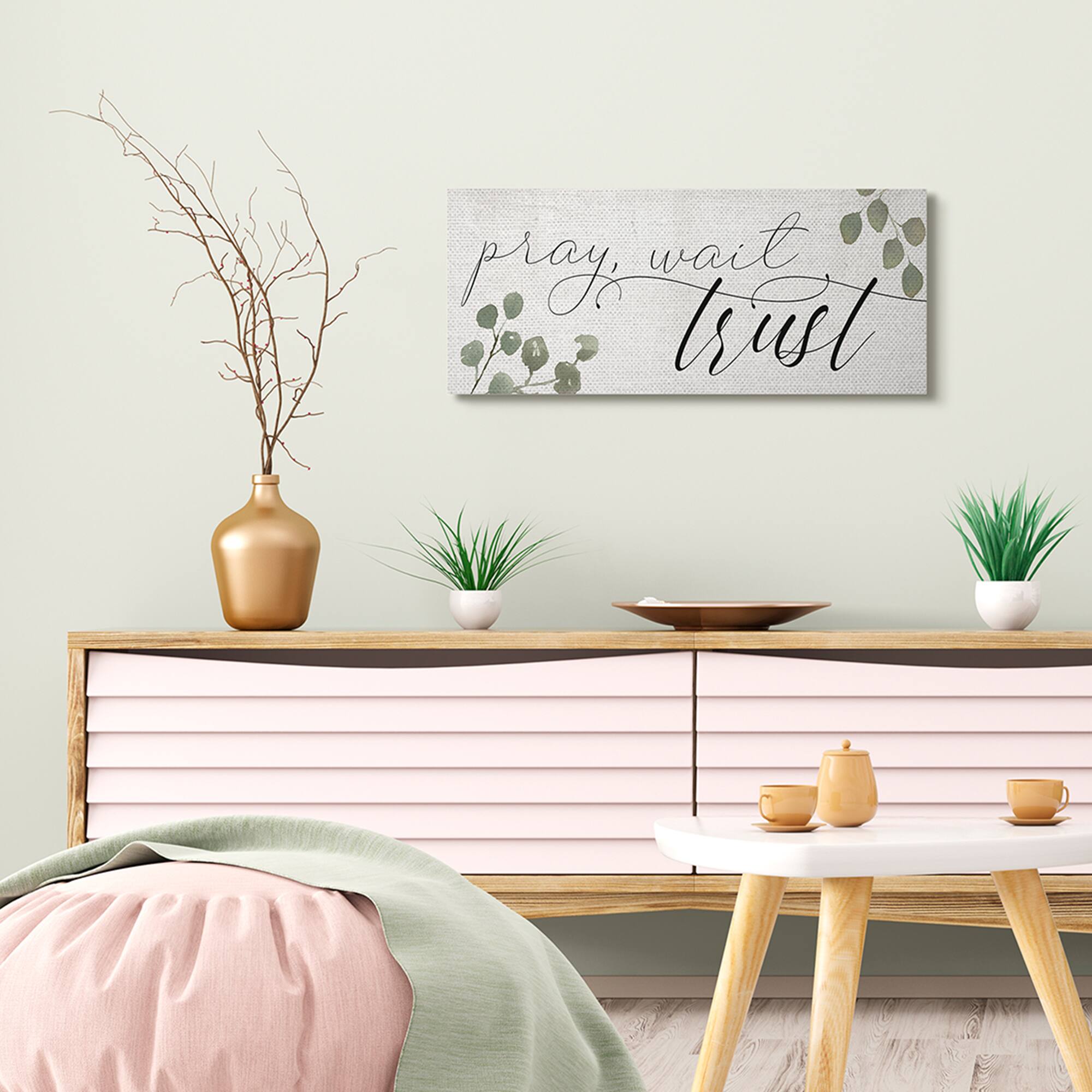 Stupell Industries Pray Wait Trust Phrase Peaceful Eucalyptus Branches Canvas Wall Art