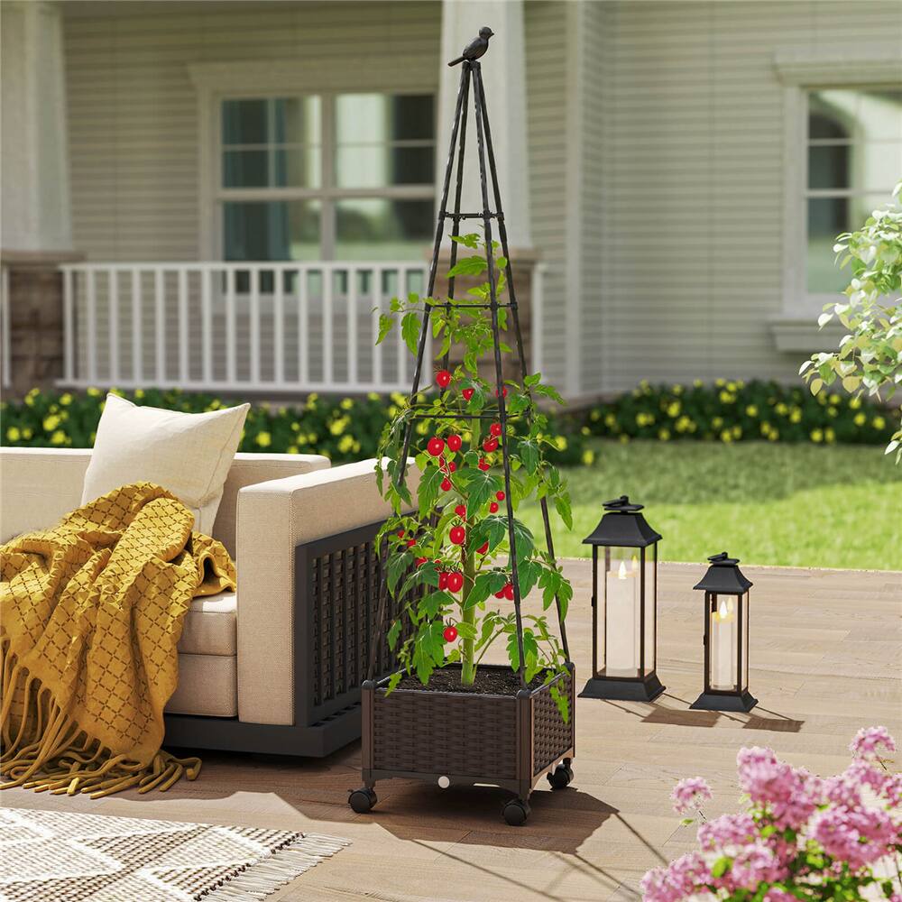 Costway Raised Garden Bed with Plant Box & Obelisk Trellis Lockable Wheels Cage Planter Set