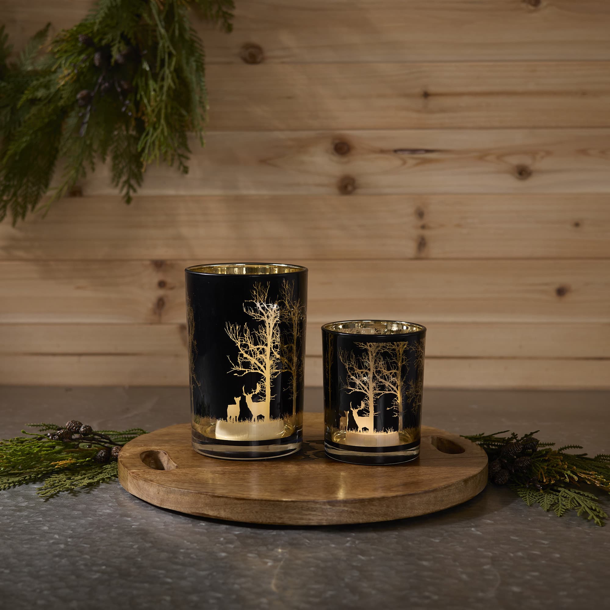 Black & Gold Mossy Oak Deer Glass Candle Holder Set
