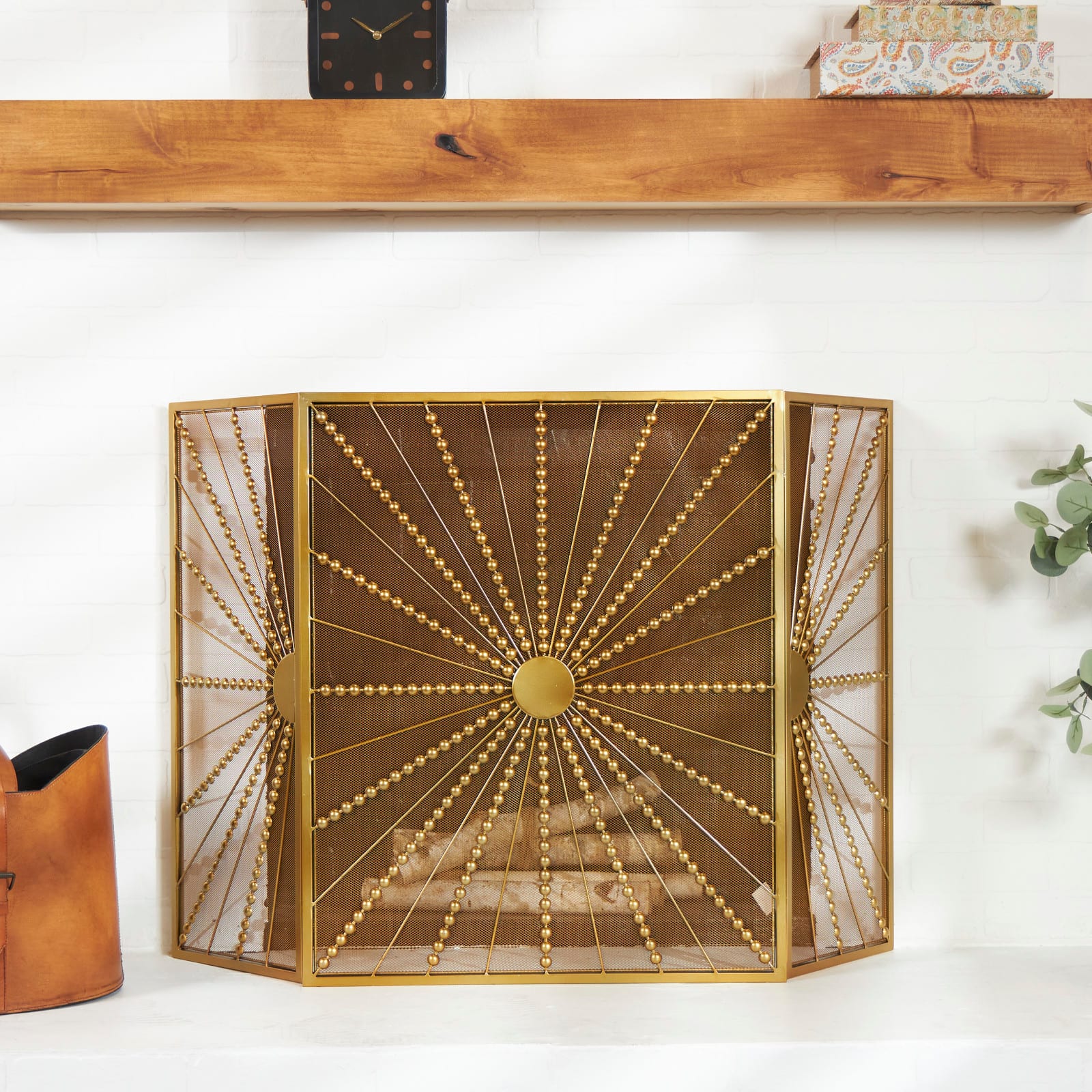 Gold Metal Foldable 3-Panel Starburst Fireplace Screen with Bead Inspired Rays
