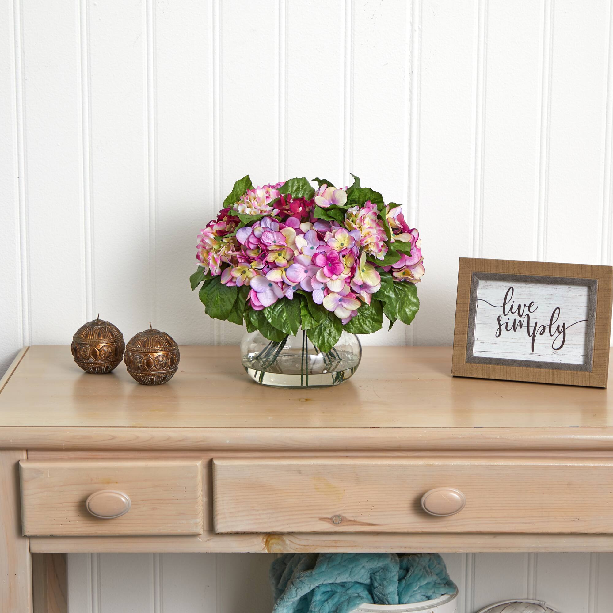 14.5" Pink Hydrangea Arrangement in Glass Vase