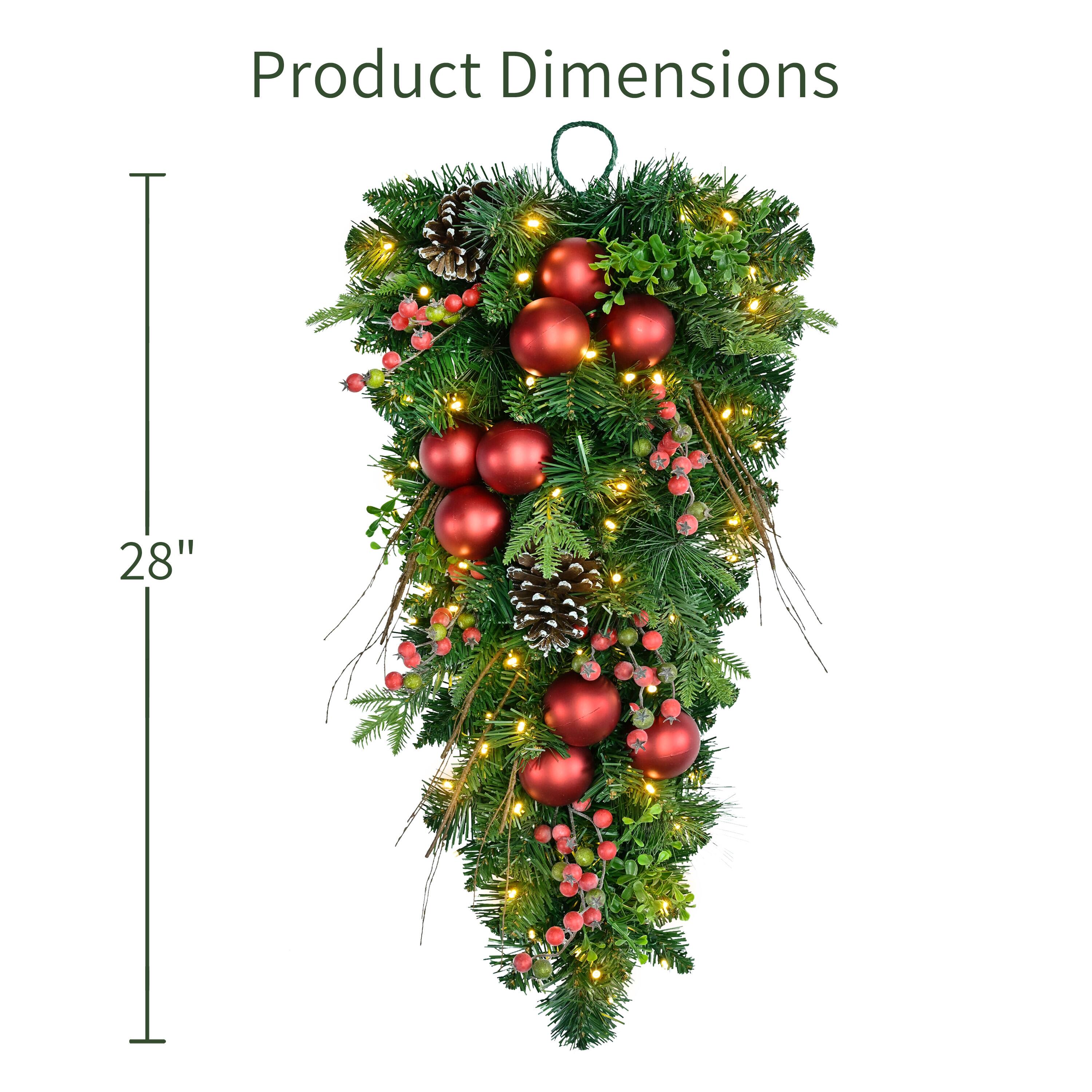 Puleo International 28" Pre-Lit Ornaments, Pinecones & Red Berries Artificial Teardrop Swag