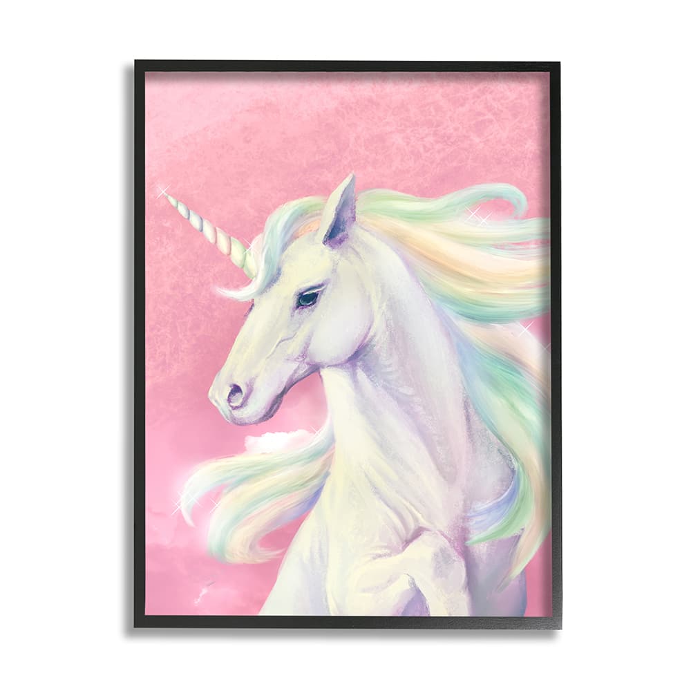Stupell Industries Pink Unicorn Portrait Playful Rainbow Hair Framed Wall Art