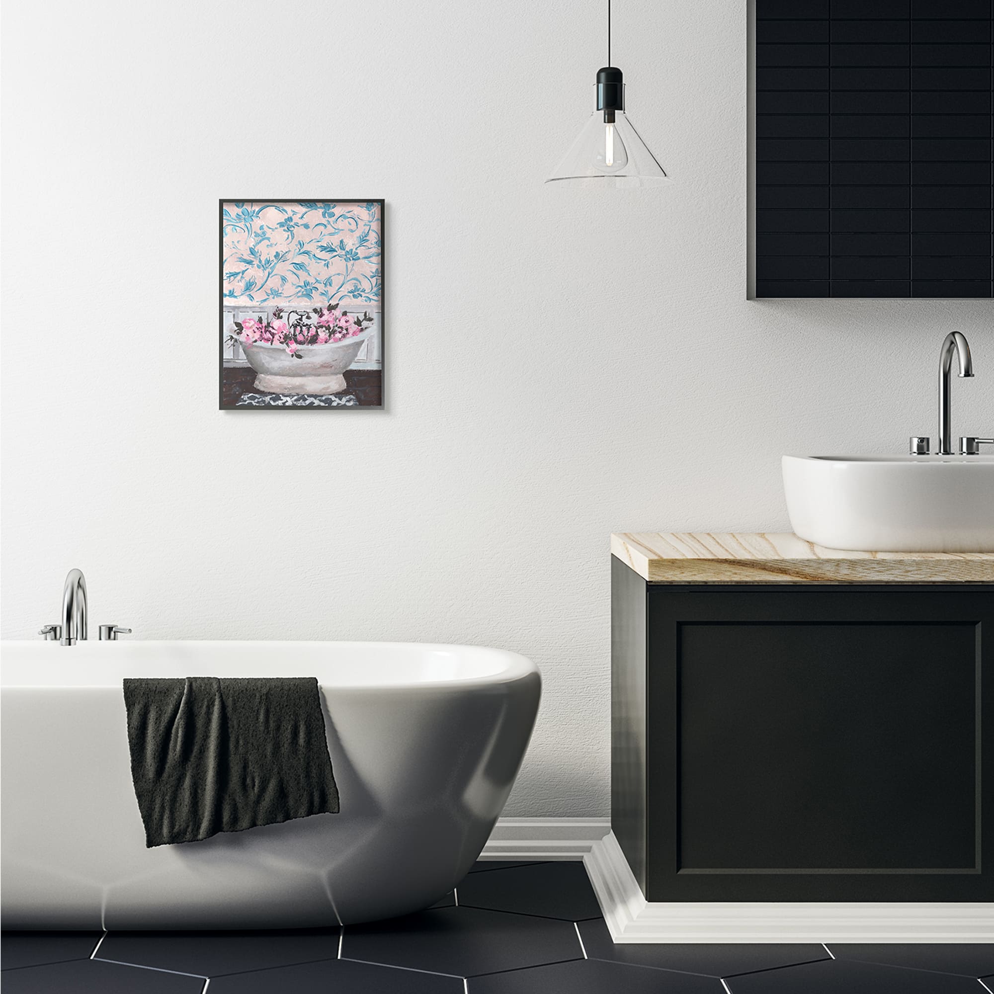 Stupell Industries Pink & Blue Flower In Bath Tub Black Framed Wall Art
