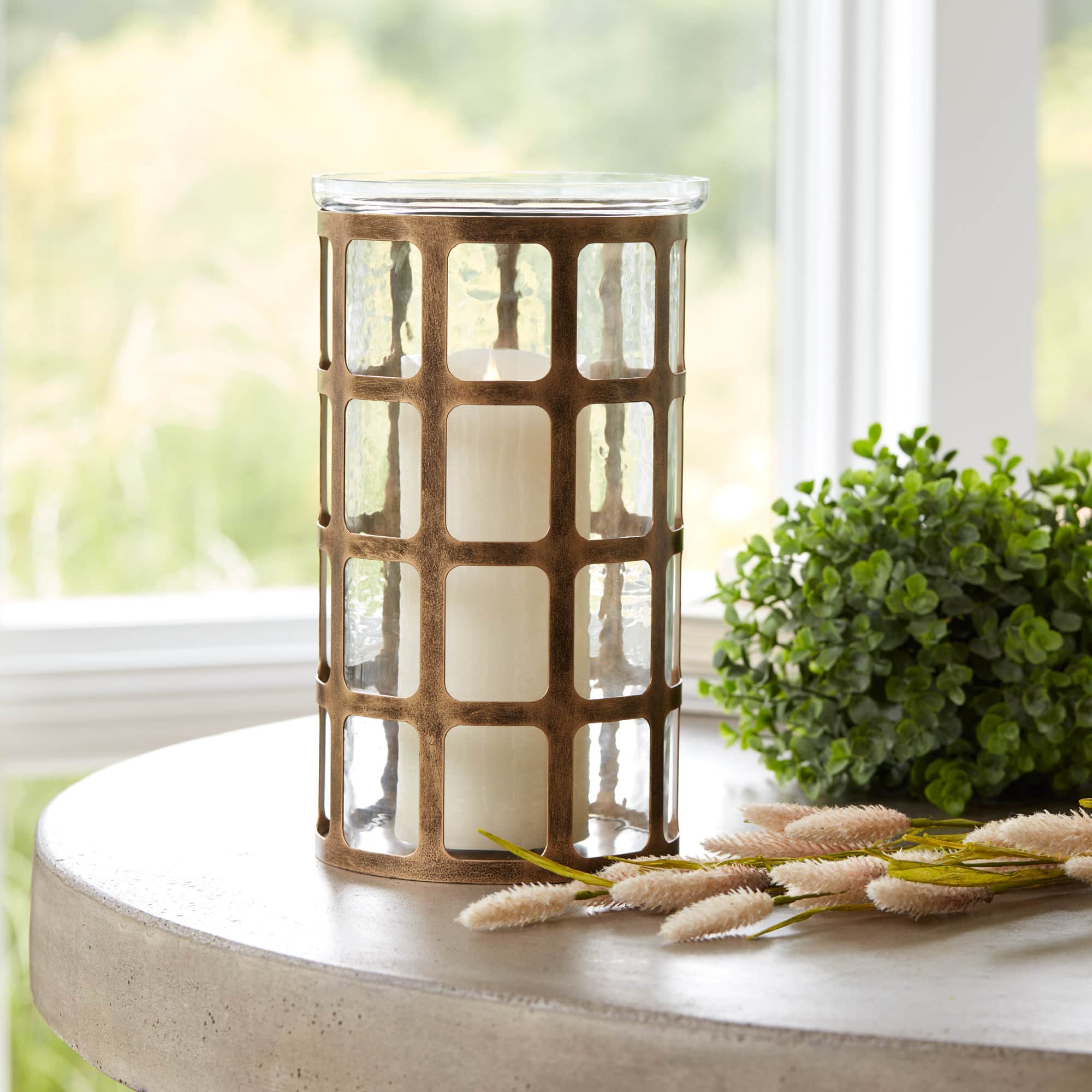 12.5" Wavy Glass Candle Holder with Distressed Metal Frame