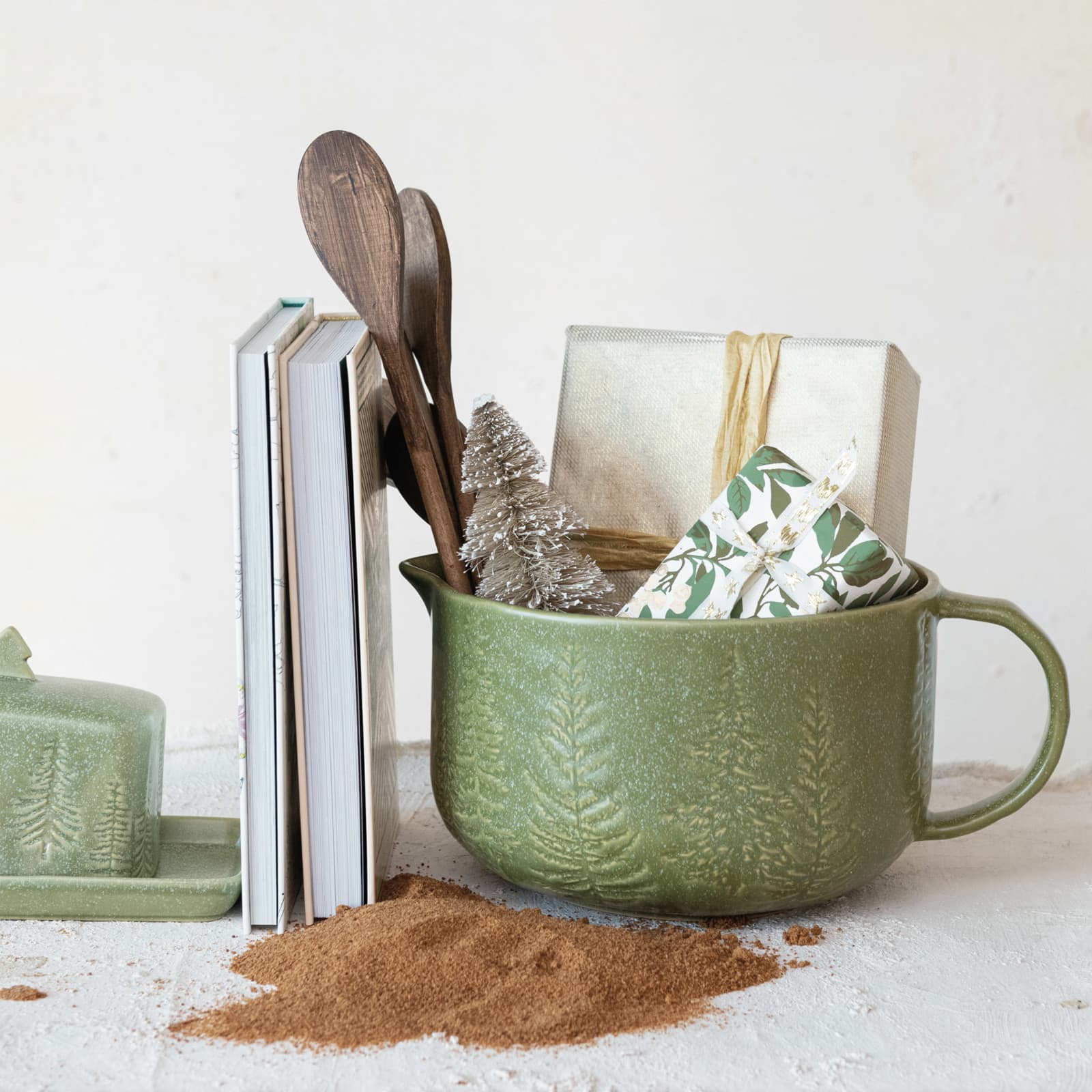 Hello Honey® 4qt. Green Trees & Matte Reactive Glaze Stoneware Batter Bowl with Handle