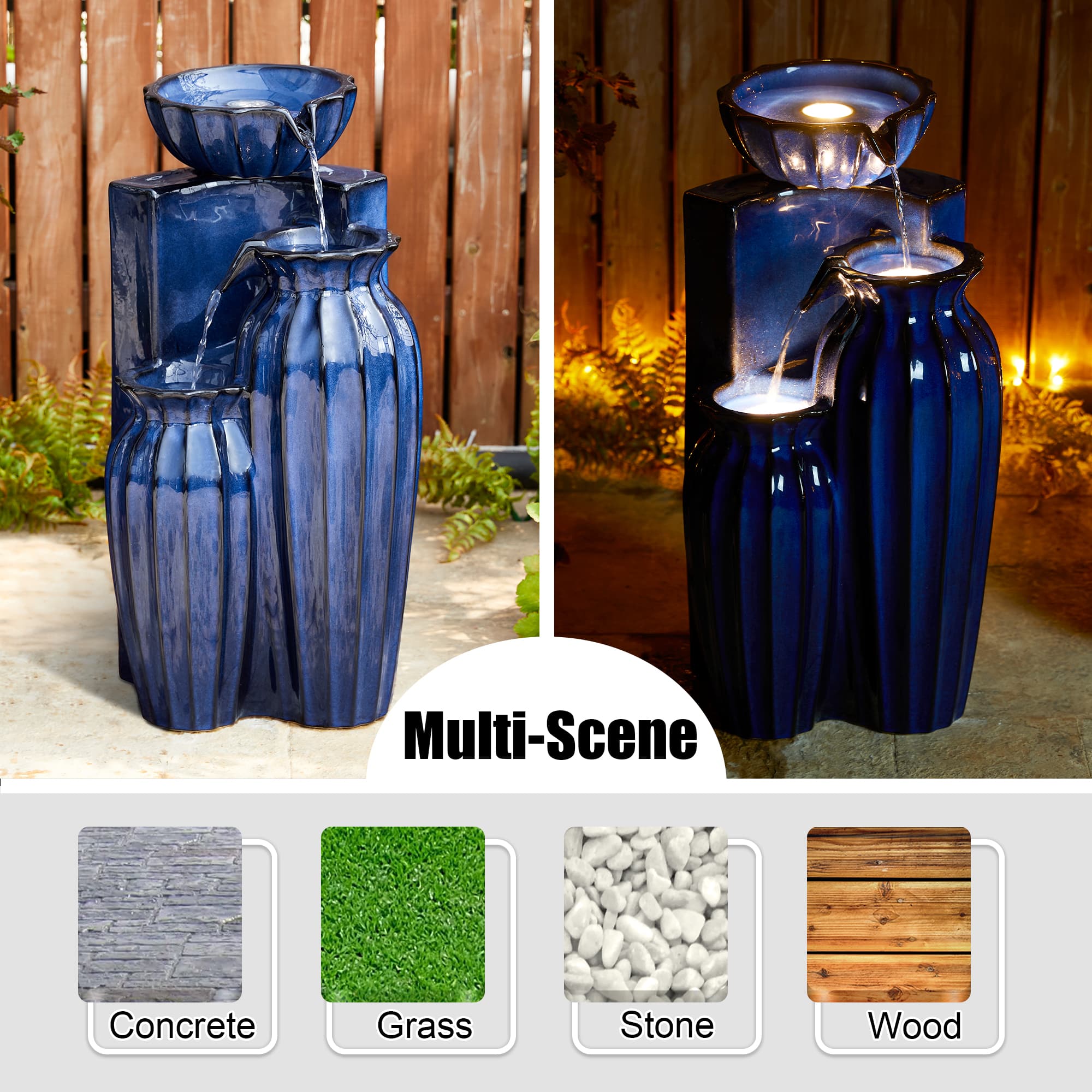 Glitzhome® 26.75" 3-Tier LED Fluted Textured Ceramic Outdoor Floor Fountain