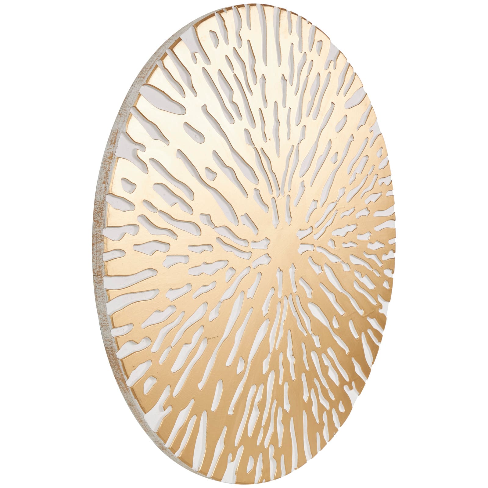 36" x 36" Gold Wooden Starburst Abstract Carved Circle Wall Décor with White Backing