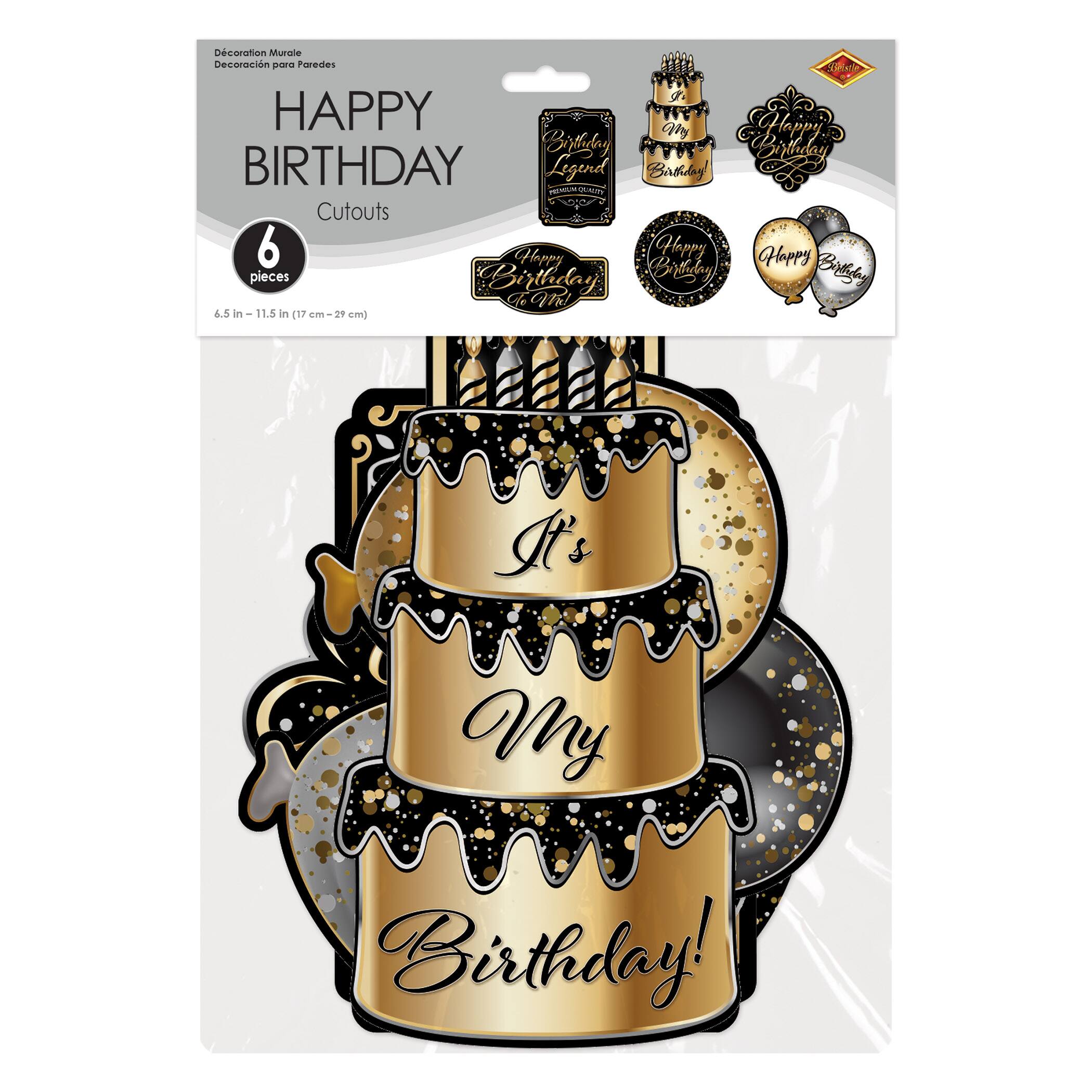 Beistle Black, Gold & Silver Happy Birthday Cutouts, 2 Packs of 6