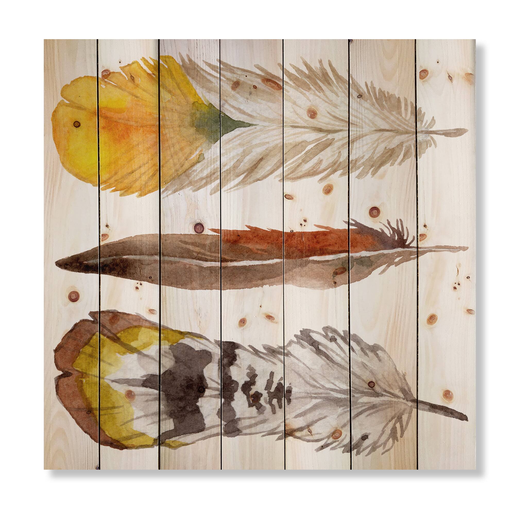 Designart - Ethnic Yellow Feather From Wing - Bohemian & Eclectic Print on Natural Pine Wood